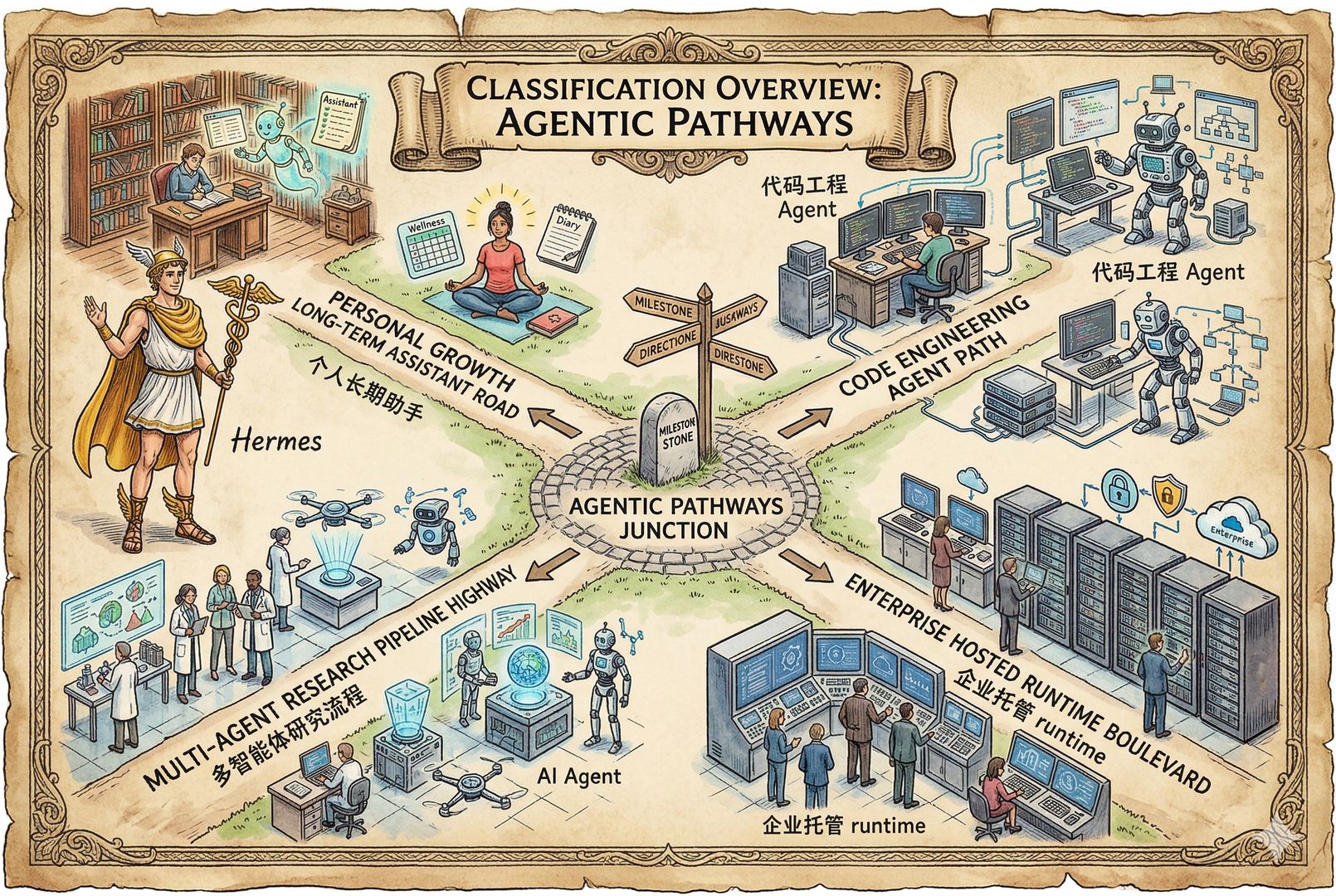 一张分类总览图，四条道路从同一个路口分开：个人长期助手、代码工程 Agent、多智能体研究流程、企业托管 runtime，每条路上都有对应的设备与人物小场景，Hermes 站在个人成长型路线的前方，羊皮纸，钢笔彩色手绘的统一风格。