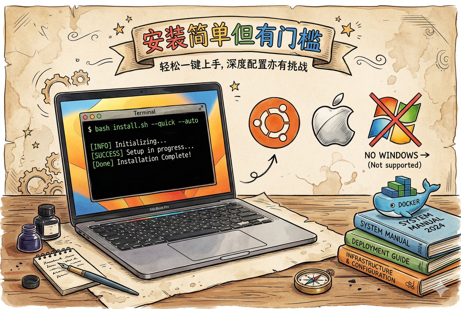 一台打开终端的 MacBook Pro 屏幕上显示一键安装命令，旁边漂浮着 Ubuntu、苹果和被打叉的 Windows 标志，桌角放着 Docker 鲸鱼小摆件与几本技术手册，画面强调“安装简单但有门槛”，羊皮纸，钢笔彩色手绘的统一风格。