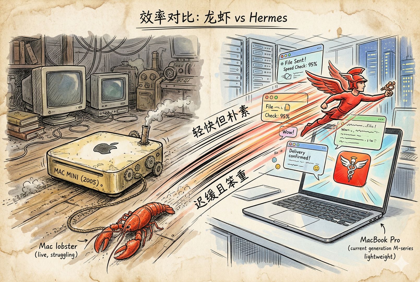 对比场景，一边是老旧的 Mac mini 像老式机器般拖着龙虾缓慢爬行，另一边是轻薄的 MacBook Pro 上 Hermes 图标像信使一样飞快穿过聊天窗口，中间用速度感线条强化“轻快但朴素”的反差，羊皮纸，钢笔彩色手绘的统一风格。