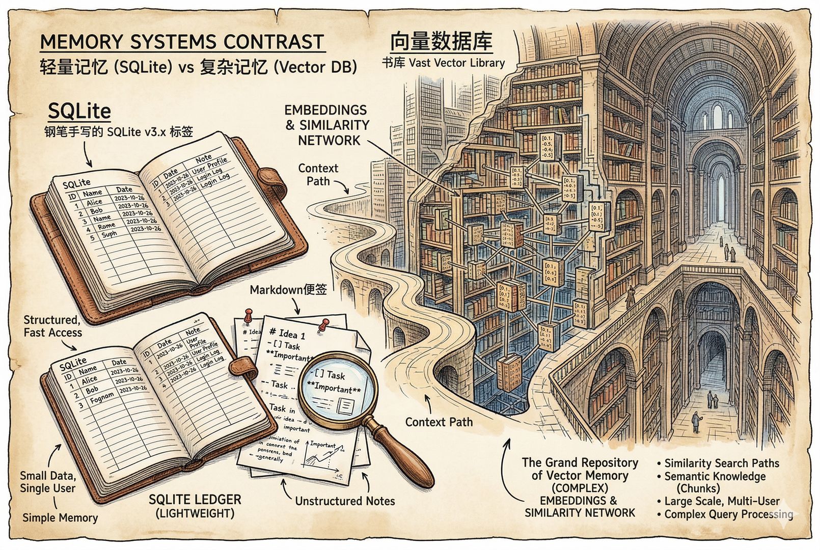 一张剖面式技术插画，小小的 SQLite 数据库像一本袖珍账本，旁边是几页 Markdown 便签和放大镜，远处则是一座象征向量数据库的巨大书库，形成轻量记忆与复杂记忆体系的鲜明对照，羊皮纸，钢笔彩色手绘的统一风格。