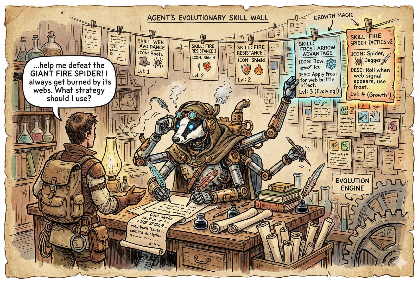 聊天桌前的 Agent 像抄写员一样，一边听用户说话，一边自动把对话卷轴整理成一张张“技能卡片”挂到墙上，卡片逐渐增多，表现出会边聊边成长的自我进化感，羊皮纸，钢笔彩色手绘的统一风格。