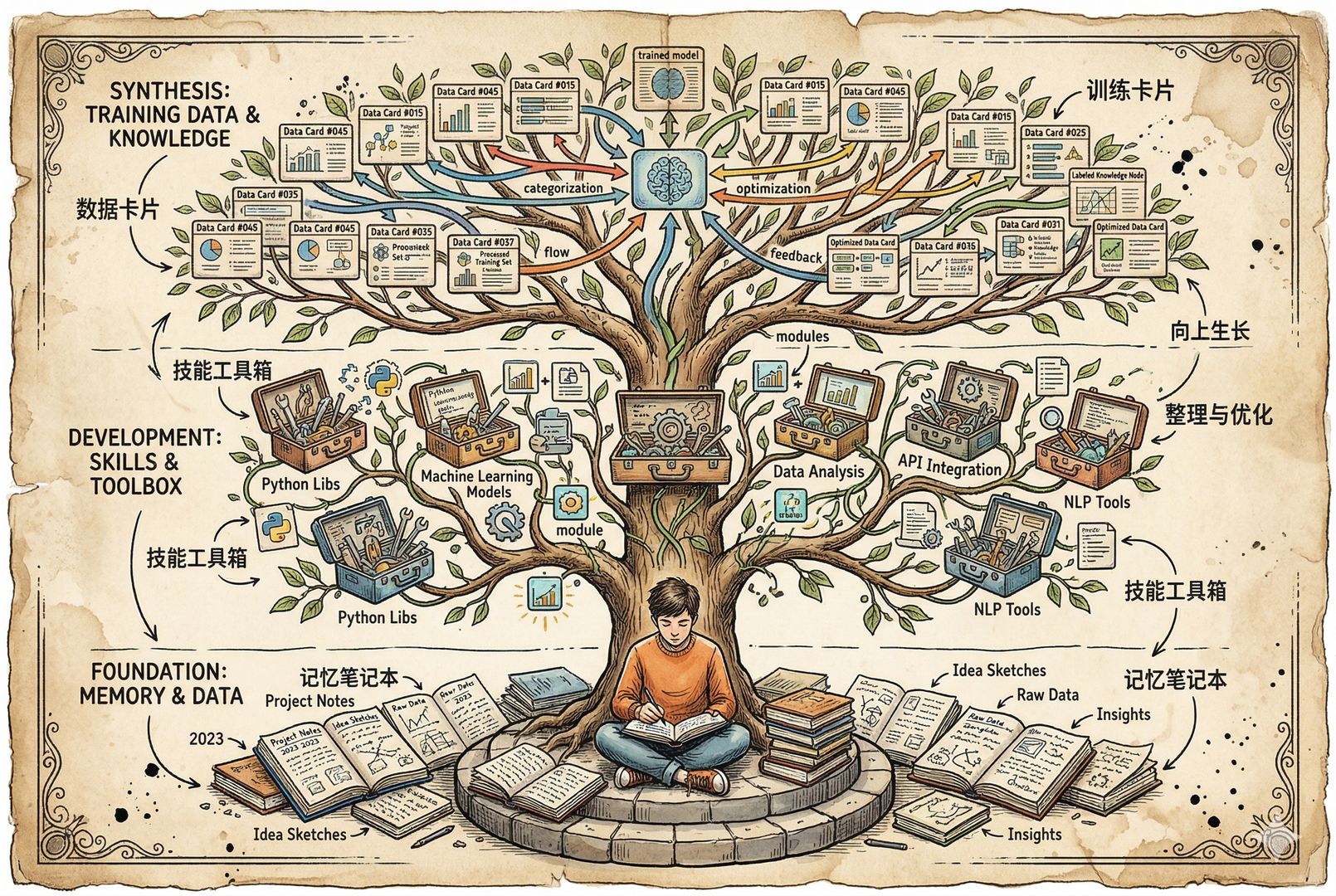 分层结构图式画面，一位用户坐在中央，脚边是记忆笔记本，中层是不断生成的技能工具箱，上层是被整理成训练数据的卡片与箭头，三层围绕人物向上生长，像一棵技术树，羊皮纸，钢笔彩色手绘的统一风格。