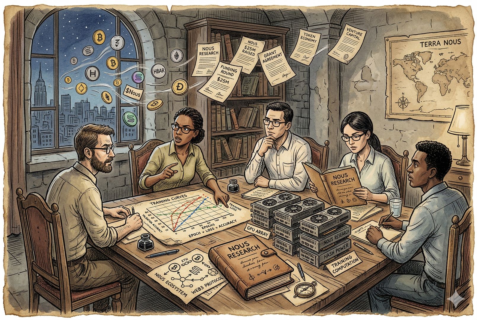 一群研究员围坐在长桌旁，桌上同时摆着区块链符号、显卡堆、训练曲线图和写着Nous Research的卷宗，窗外飘着代币与融资文件，画面带一点警惕与观察意味，羊皮纸，钢笔彩色手绘的统一风格。
