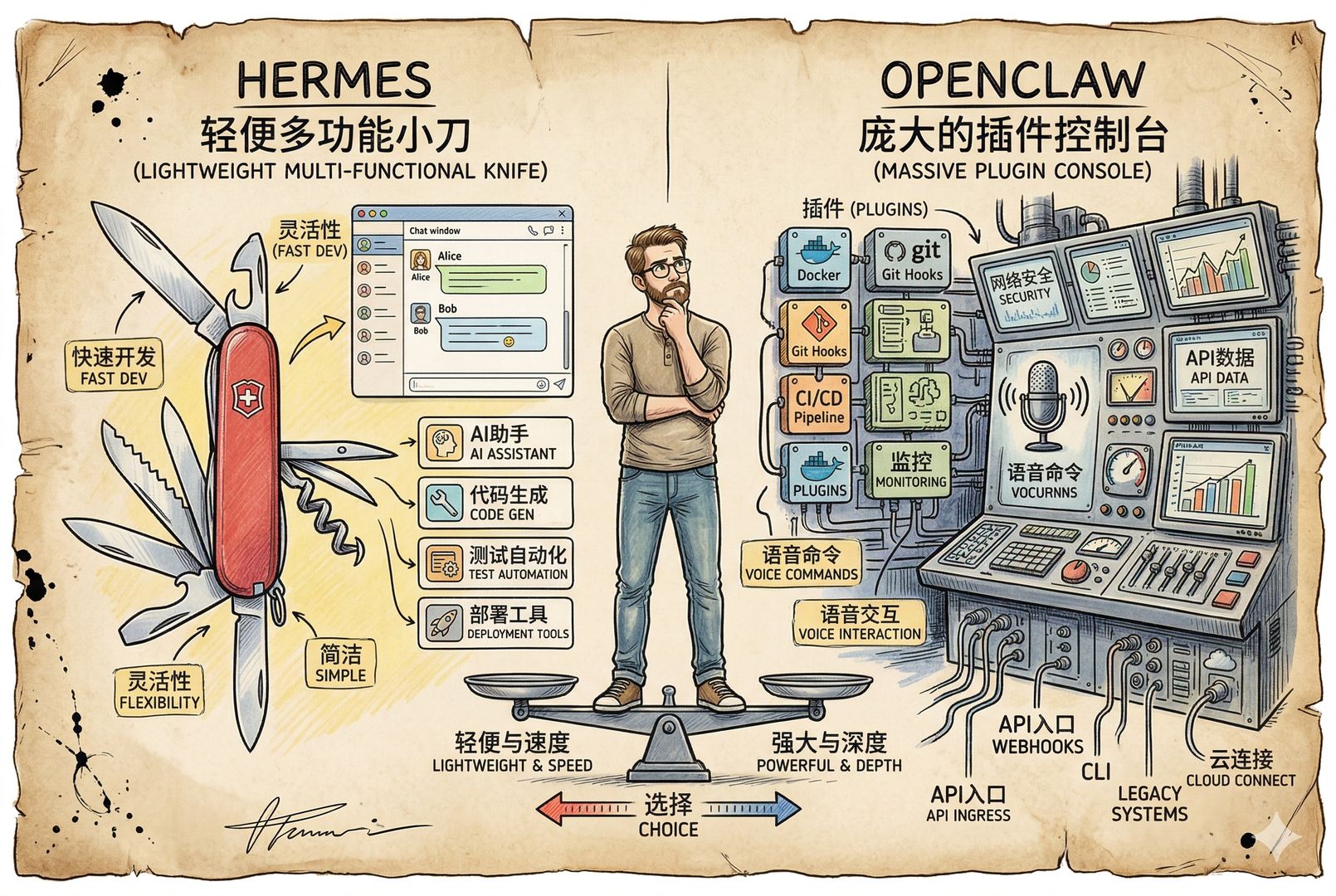 一幅左右对照的产品比较图，左边 Hermes 像一把轻便多功能小刀配聊天窗口和技能卡，右边 OpenClaw 像一台庞大的控制台，布满插件、语音、面板和多入口端口，中央有工程师站着权衡选择，羊皮纸，钢笔彩色手绘的统一风格。