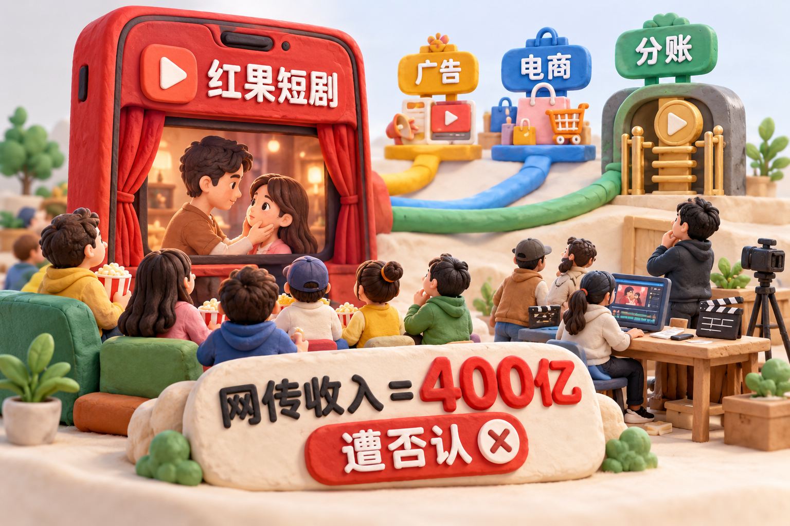 封面采用一个巨大的红色手机剧场作为主体，前景观众围坐观看，手机后方连接游戏广告、购物袋和制作短剧的工作台，制作团队望向平台掌握的分账闸门，突出流量、收入与创作者之间的关系；可见事实元素：手机标注“红果短剧”，前景圆润橡皮泥薄板写“400亿收入遭否认”，后方分岔路径分别标注“广告”“电商”“分账”，否认标签明确对应网传收
