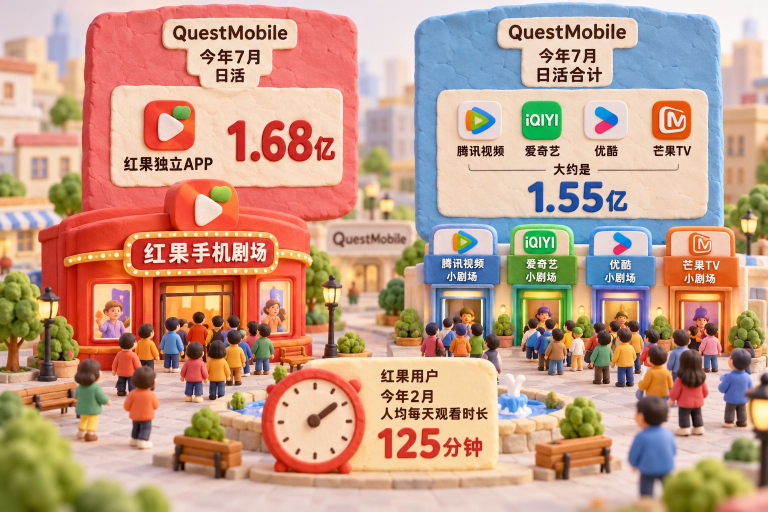 微缩手机广场上,左侧一个红果手机剧场与右侧四座长视频小剧场并排比较,观众人偶分别聚集在两组剧场前,背后使用两块有手工压痕的橡皮泥薄板呈现同月日活口径,另设一枚独立时钟表现不同月份的观看时长,避免把日活与时长混为一项;可见事实元素:QuestMobile、今年7月、红果独立APP日活与四家长视频日活合计的比较