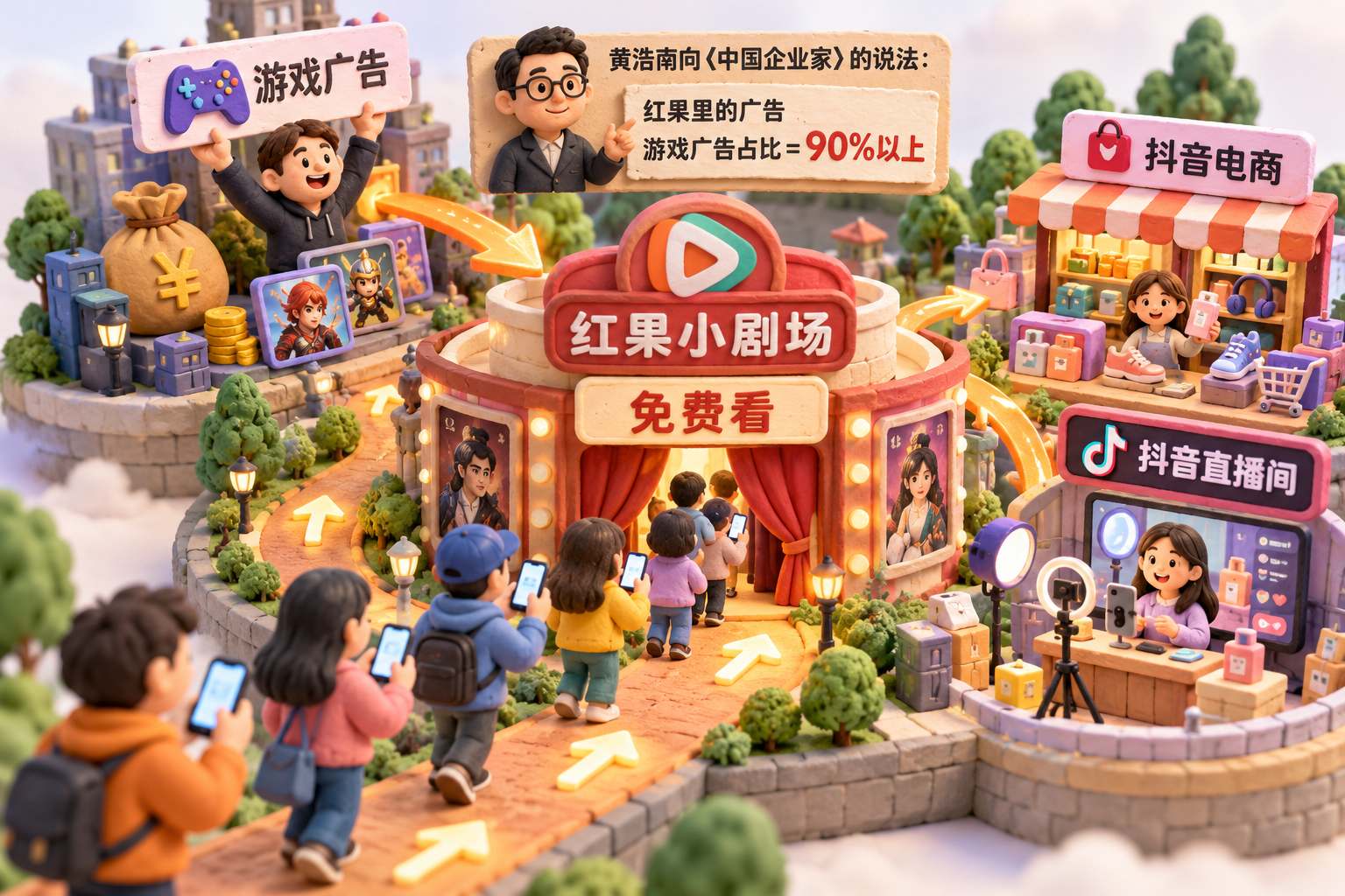 以圆形微缩商业街展示免费观看后的收入路径,前景观众捧着手机进入红果小剧场,后方游戏厂商举着广告牌,旁边连接抖音电商摊位和直播间,橡皮泥小路以流量方向串联各主体,广告费用只从游戏厂商指向广告入口,不把观看者画成直接支付剧费的人;可见事实元素:红果入口写“免费看”,后方标注“游戏广告”“抖音电商”“抖音直播间”