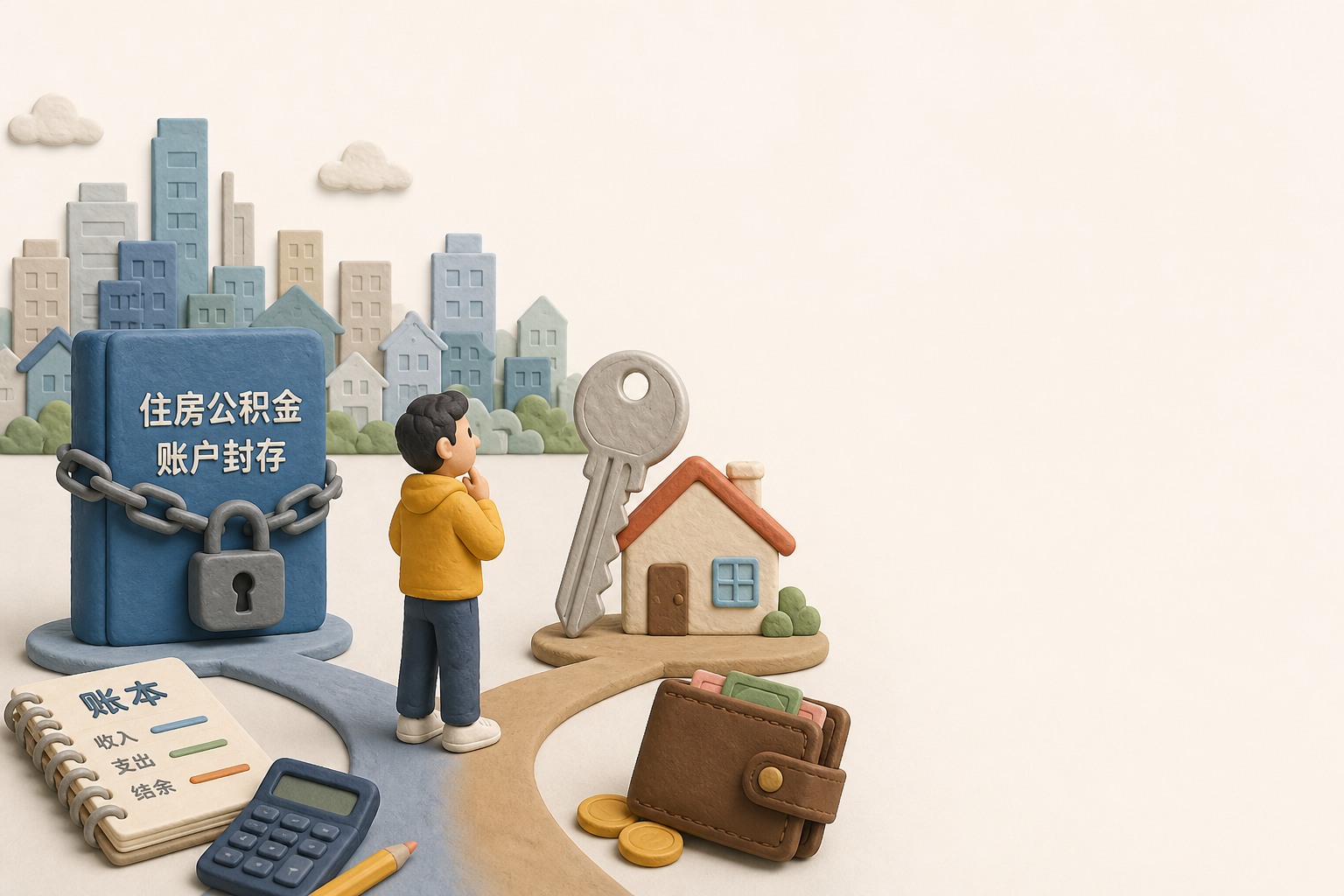 封面构图，一位灵活就业者站在封存的住房公积金账户与住房钥匙之间思考取舍，周围是账本、钱包和城市住宅的层叠剪影，横向留白构图，浅色背景的商业评论版橡皮泥平面信息图的统一风格。