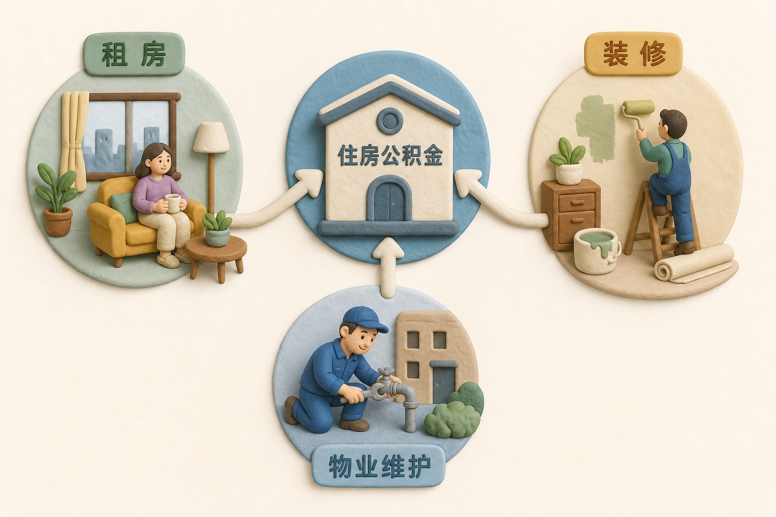 住房公积金提取通道向外延展，中央账户连接租房、装修、物业维护三类生活场景，不显示数字的放射式构图，浅色背景的商业评论版橡皮泥平面信息图的统一风格。