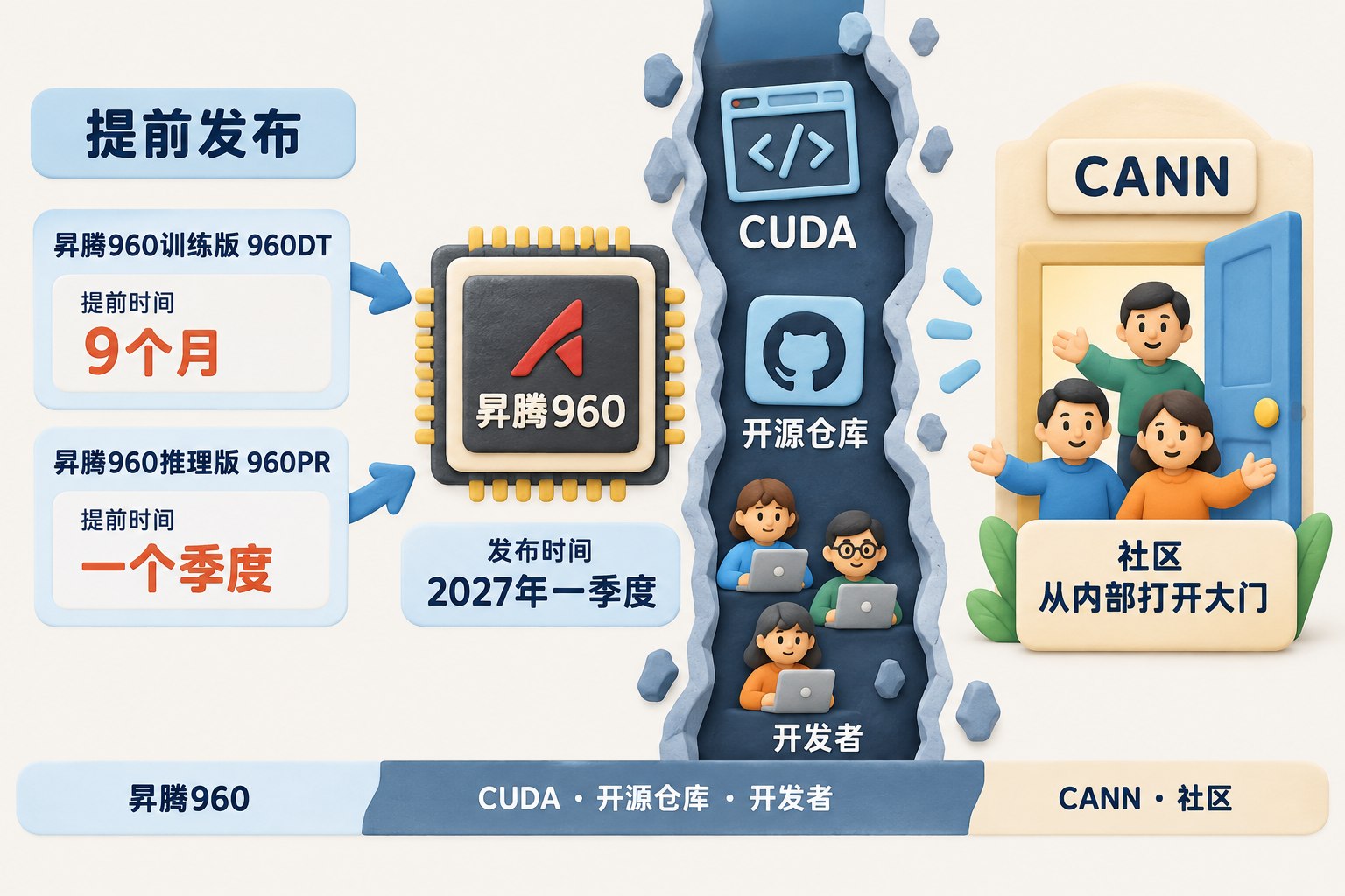 封面中央是昇腾960芯片与一道由CUDA代码、开源仓库和开发者共同构成的生态鸿沟,左侧标出提前发布的时间箭头,右侧呈现社区从内部打开大门的关系;可见事实元素:昇腾960、CUDA、CANN、提前9个月、2027年一季度