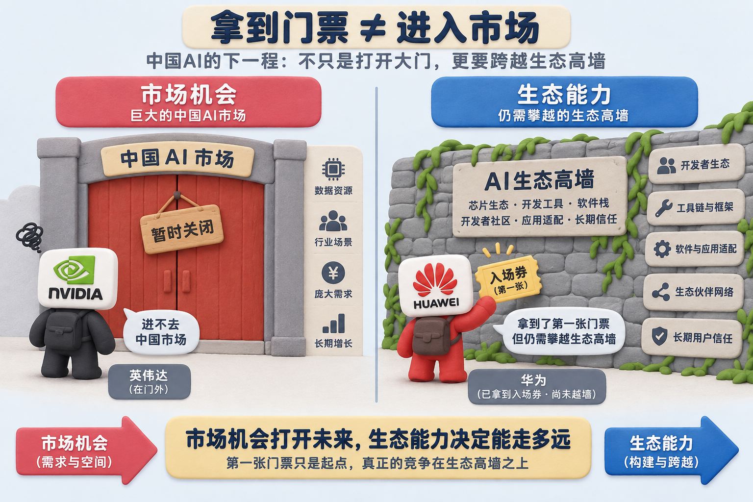 左右对照展示被关闭的市场入口与仍需攀越的生态高墙,英伟达位于门外,华为拿到入场券但尚未越墙,箭头明确区分市场机会与生态能力;可见事实元素:封闭的市场、第一张门票、英伟达、华为、生态鸿沟