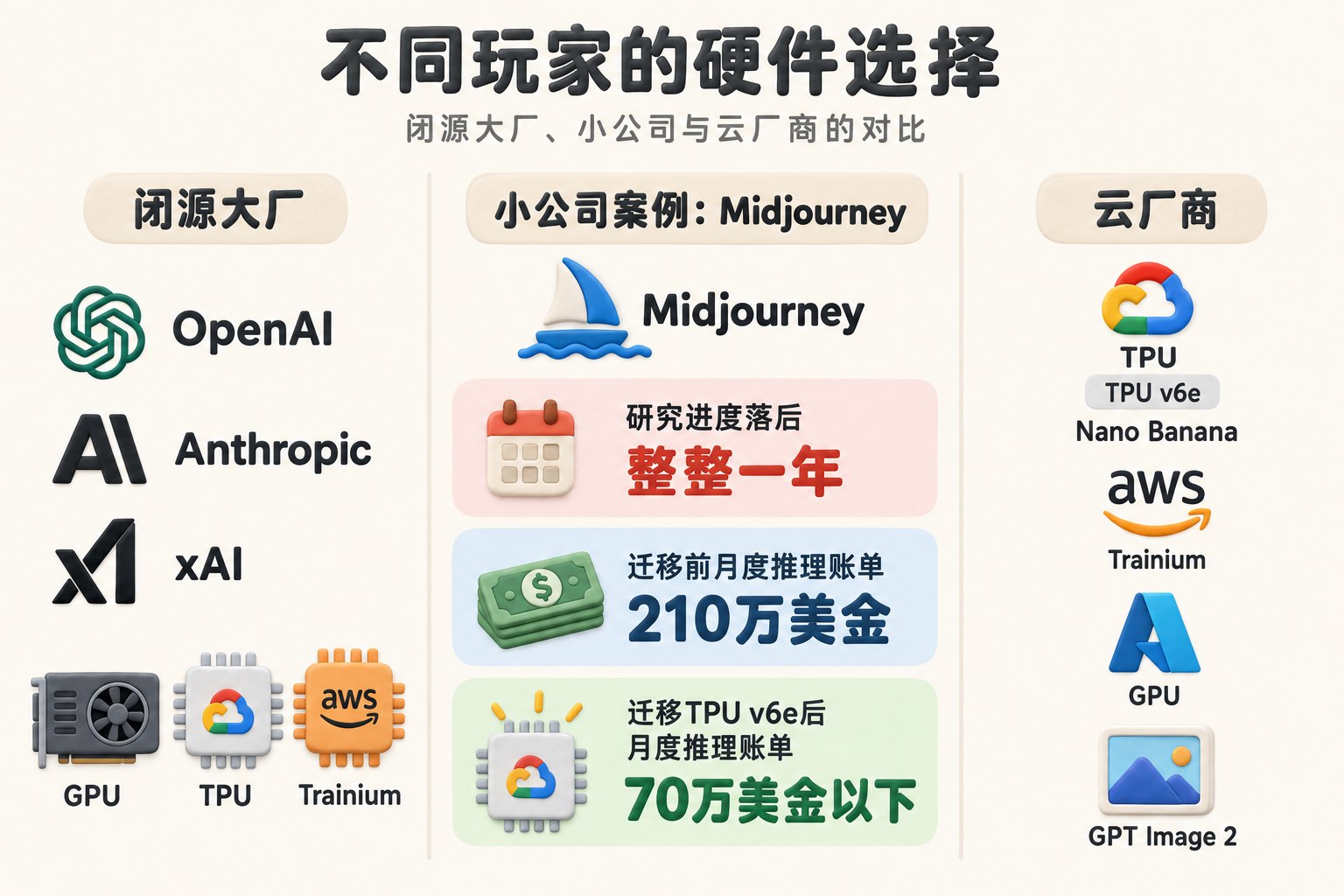 三栏账本式对比闭源大厂、小公司和云厂商的硬件选择,中栏明确标注“小公司案例:Midjourney”,只展示训练延误与TPU v6e推理账单变化;可见事实元素:OpenAI、Anthropic、xAI、GPU、TPU、Trainium、Midjourney、TPU v6e、Nano Banana、GPT Image 2