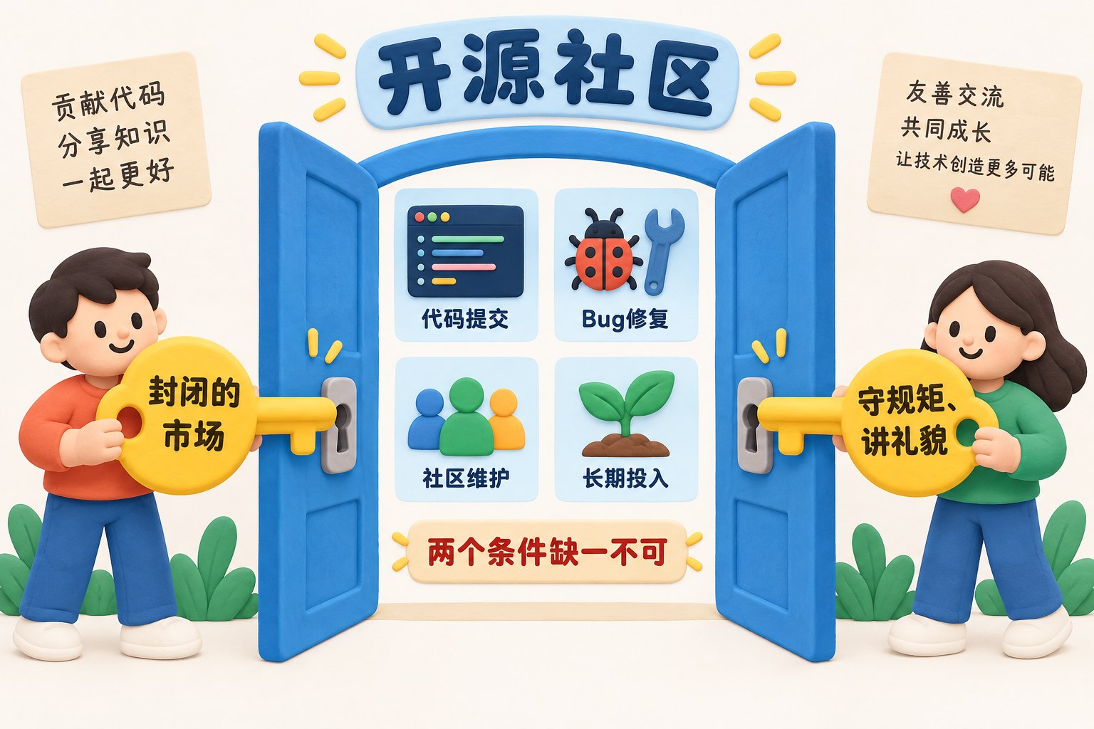 两把钥匙共同打开开源社区大门,左边钥匙只能逐字标注“封闭的市场”,右边钥匙只能逐字标注“守规矩、讲礼貌”;门内只展示代码提交、Bug修复、社区维护和长期投入,并标注“两个条件缺一不可”