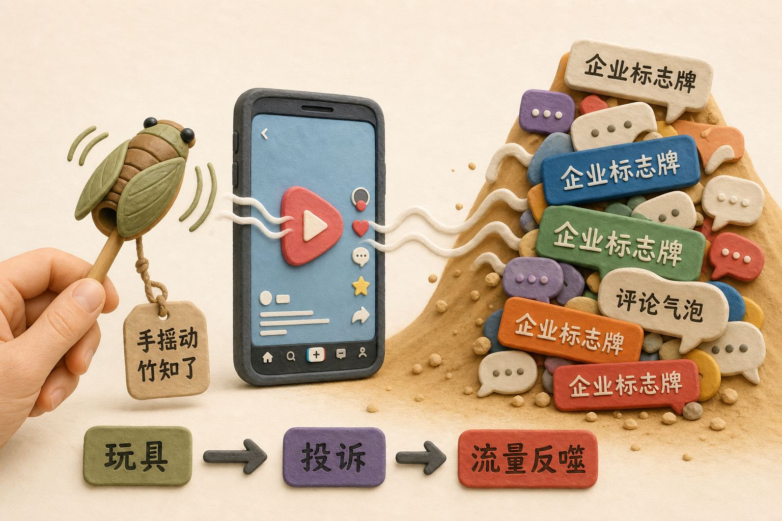 封面构图,前景是一只手摇动竹知了,声波穿过手机短视频界面并撞上一座由企业标志牌和评论气泡堆成的沙丘,画面呈现玩具、投诉与流量反噬的关系,不显示具体数值或日期。只显示以上文字与数据,不补充其他数字、日期、比例、排名或因果关系。浅色背景的商业评论版橡皮泥平面信息图的统一风格。