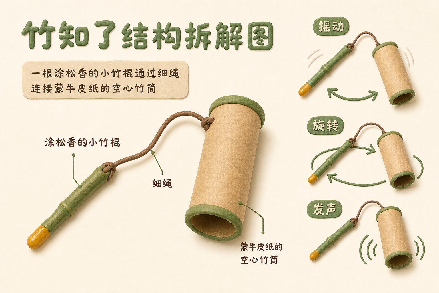 竹知了结构拆解图,一根涂松香的小竹棍通过细绳连接蒙牛皮纸的空心竹筒,旁边用动作箭头表现摇动、旋转与发声,不显示具体数值或日期,不标注尺寸或参数。只显示以上文字与数据,不补充其他数字、日期、比例、排名或因果关系。浅色背景的商业评论版橡皮泥平面信息图的统一风格。