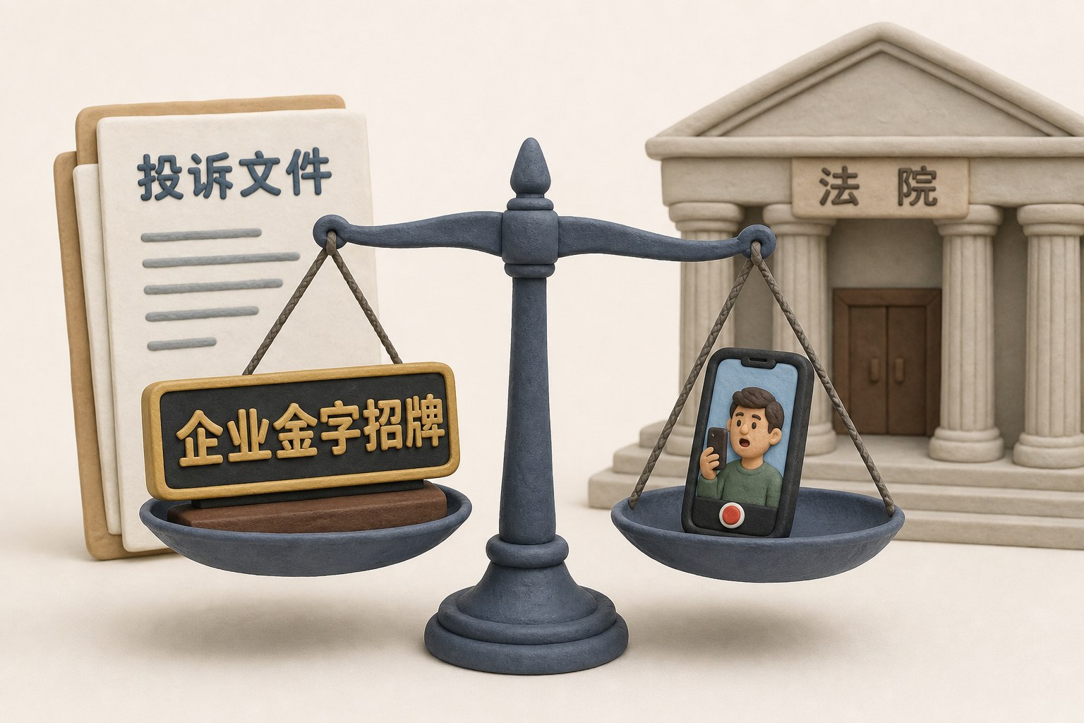 法律天平的两端分别放着企业金字招牌与普通人的手机视频,背景是投诉文件和法院门廊,突出机构与个人法律资源不对称,不显示具体数值或日期,不显示法条编号、数字或判决结果。只显示以上文字与数据,不补充其他数字、日期、比例、排名或因果关系。浅色背景的商业评论版橡皮泥平面信息图的统一风格。