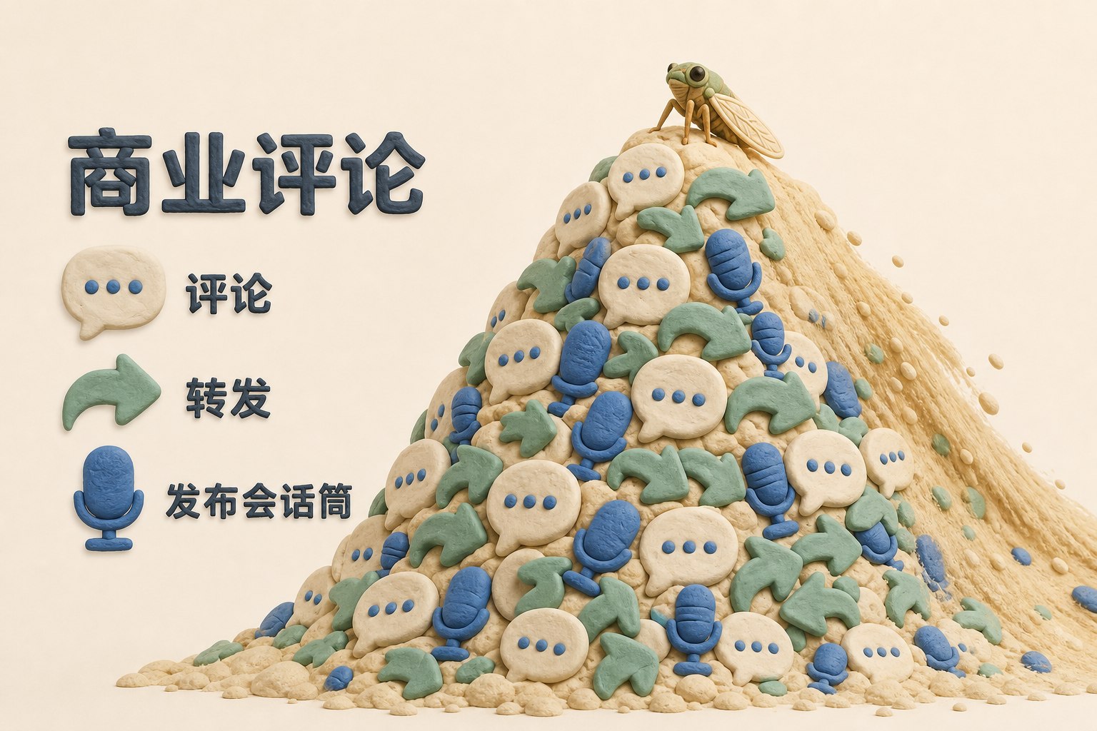 巨大的社交媒体沙丘由评论气泡、转发箭头和发布会话筒堆成,一只小小竹知了落在沙丘顶端,沙粒开始滑动但不呈现确定结果,不显示具体数值或日期。只显示以上文字与数据,不补充其他数字、日期、比例、排名或因果关系。浅色背景的商业评论版橡皮泥平面信息图的统一风格。