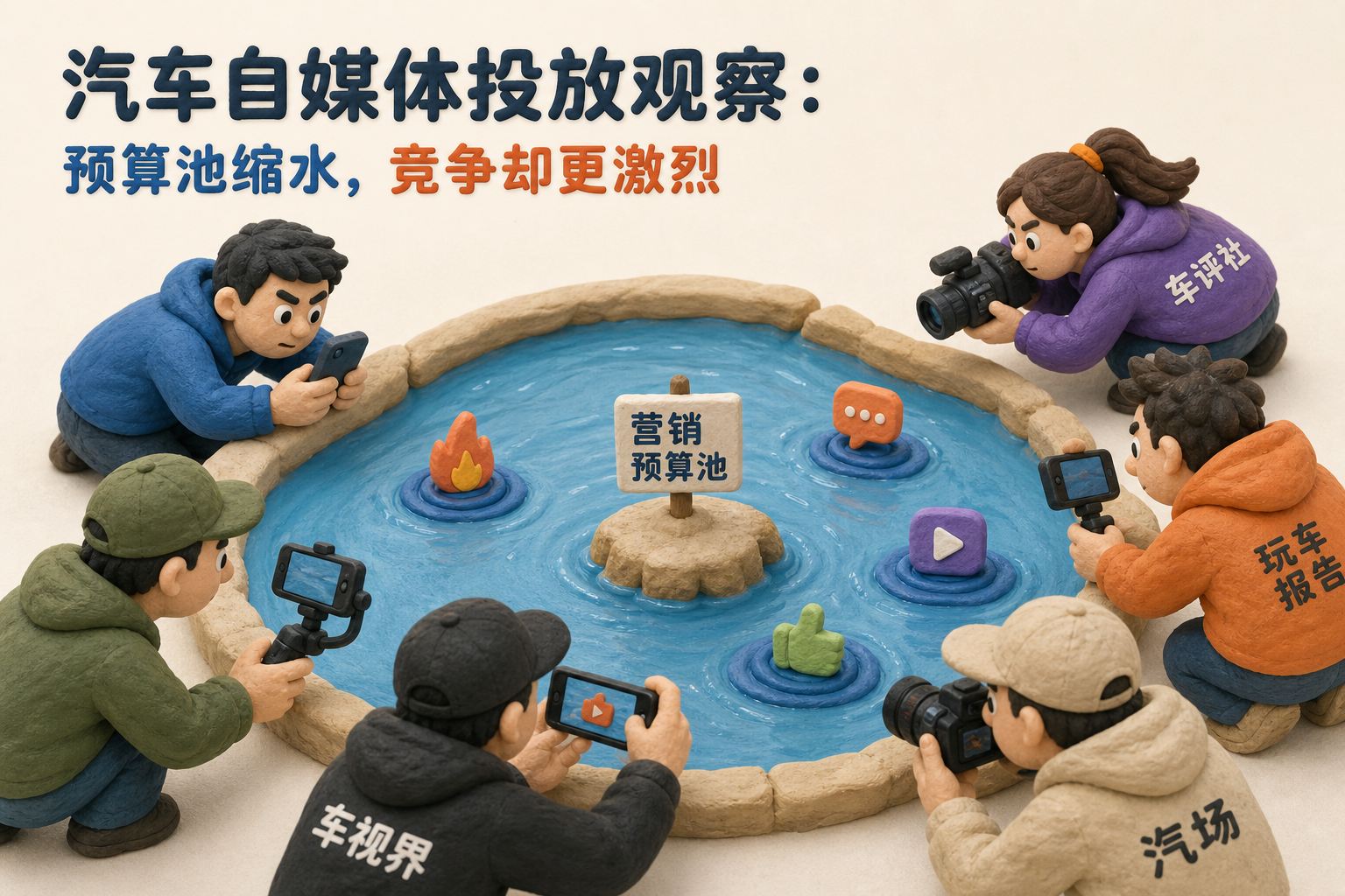 汽车自媒体创作者围在缩小的营销预算池边,手持手机和摄像机追逐水面热点,构图借用食人鱼隐喻但不出现血腥内容,不显示具体数值或日期。只显示以上文字与数据,不补充其他数字、日期、比例、排名或因果关系。浅色背景的商业评论版橡皮泥平面信息图的统一风格。