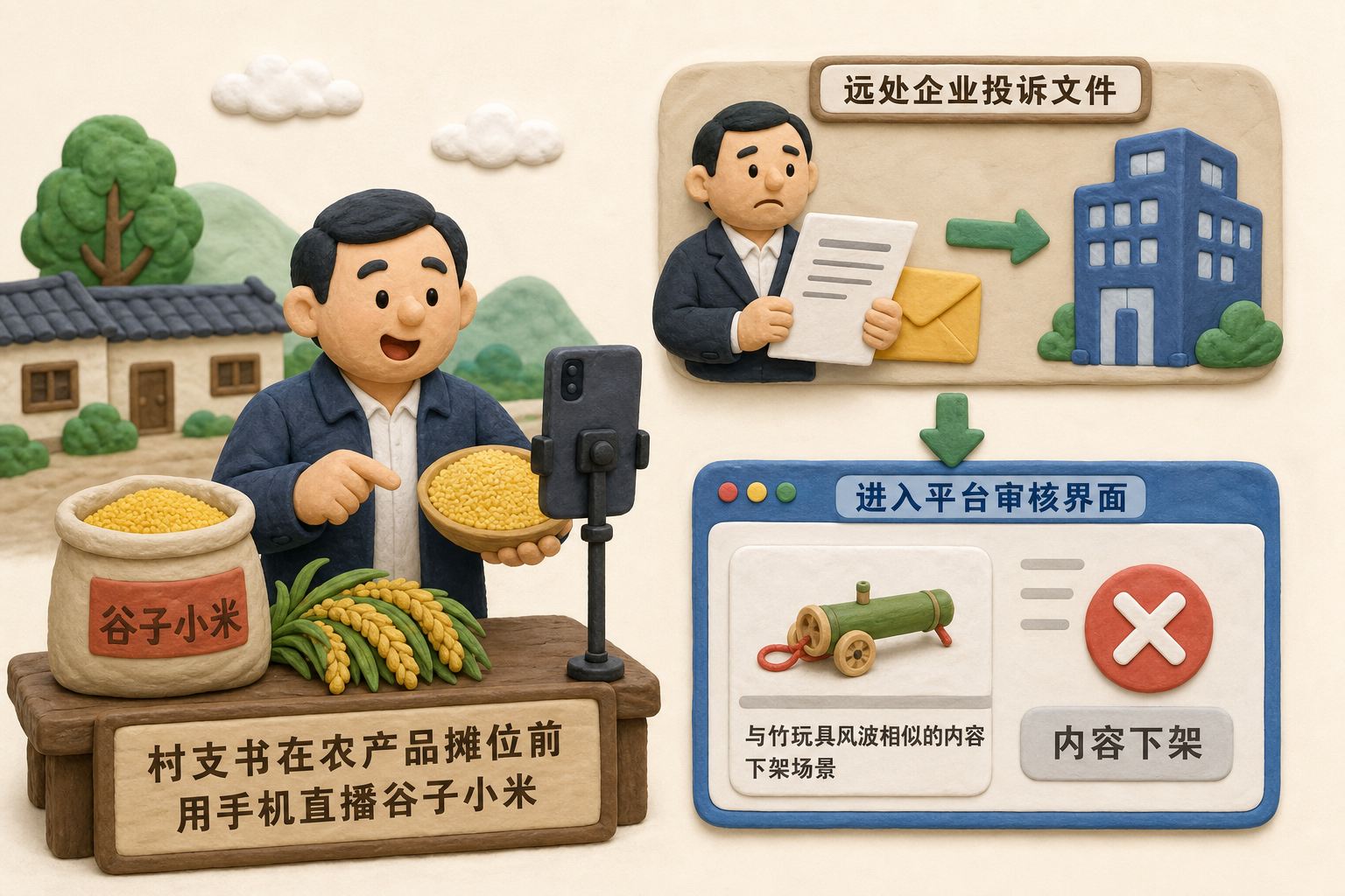 村支书在农产品摊位前用手机直播谷子小米,远处企业投诉文件进入平台审核界面,表现一次与竹玩具风波相似的内容下架场景,不显示具体数值或日期。只显示以上文字与数据,不补充其他数字、日期、比例、排名或因果关系。浅色背景的商业评论版橡皮泥平面信息图的统一风格。