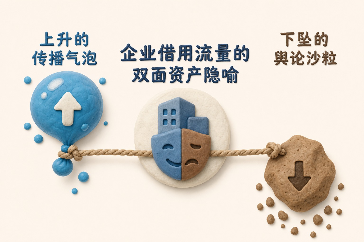 一根绳索两端分别牵着上升的传播气泡与下坠的舆论沙粒,中间是企业借用流量的双面资产隐喻,不显示具体数值或日期。只显示以上文字与数据,不补充其他数字、日期、比例、排名或因果关系。浅色背景的商业评论版橡皮泥平面信息图的统一风格。