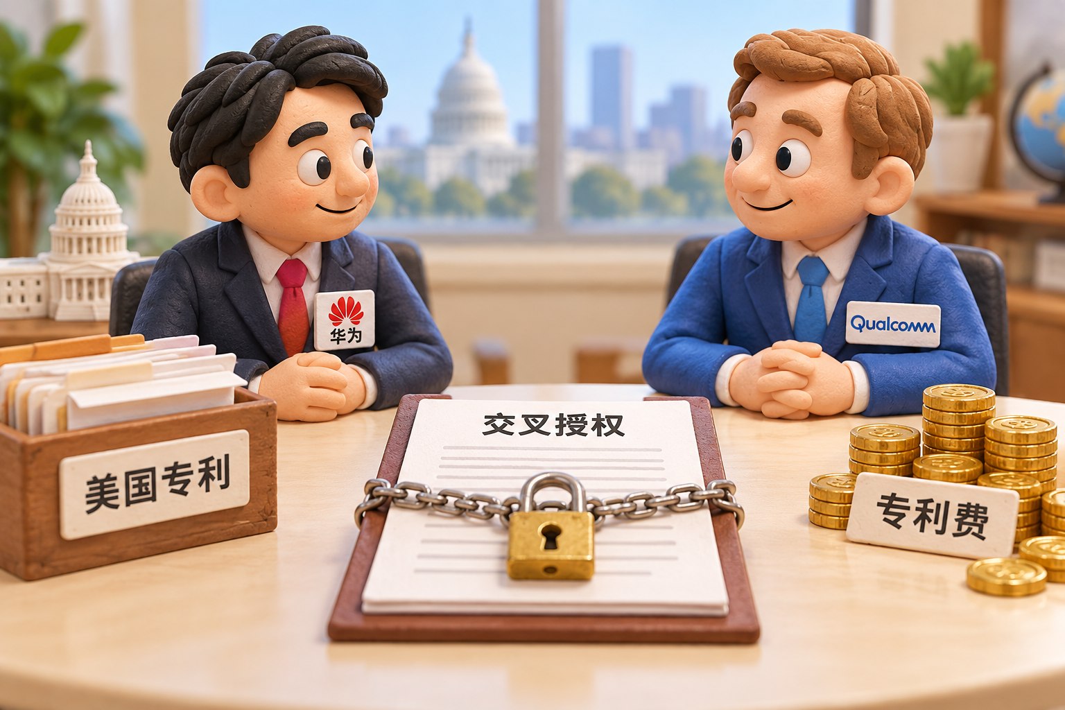 封面:浅色桌面中央放一份上锁的“交叉授权”合同,华为与高通两个立体橡皮泥角色分坐两侧,桌上一边是标着“美国专利”的小文件盒,一边是标着“专利费”的钱币,人物对视,关系保持开放不画支付方向;可见事实元素:主体标识“华为”“高通”
