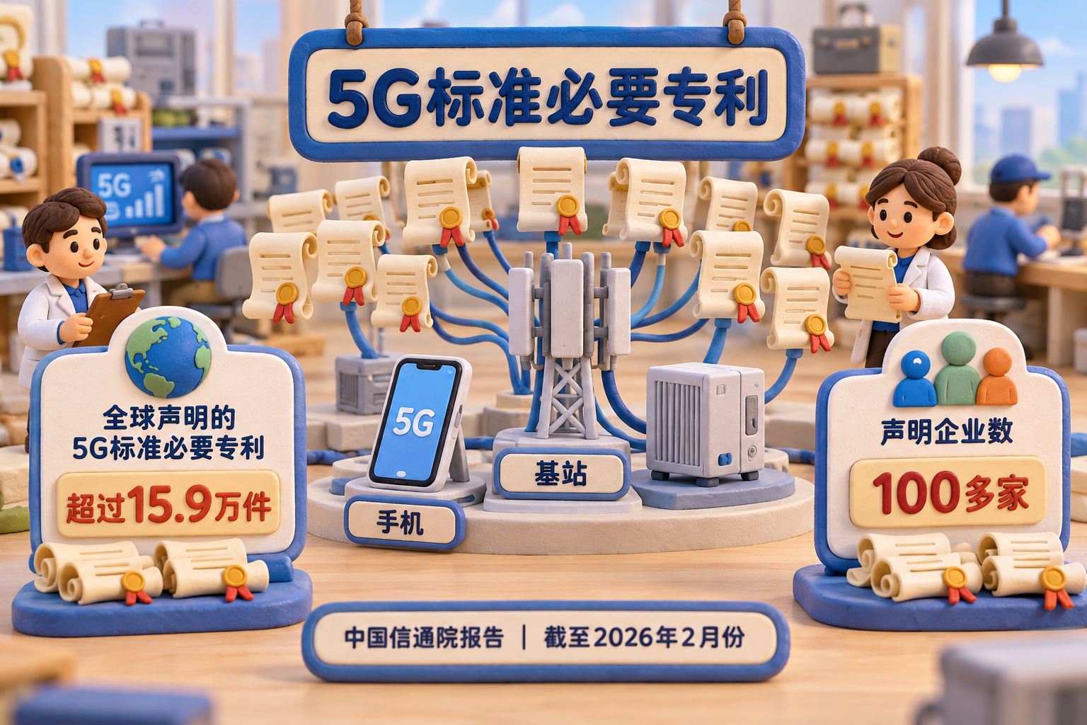 一座微缩5G设备工坊里,手机、基站与设备模型连向许多小专利卷轴,旁边两块独立立牌分别展示全球声明件数和声明企业数,卷轴上方挂“标准必要专利”,不把不同统计口径合成一个总数;可见事实元素:数据:中国信通院报告|截至=2026年2月份|全球声明的5G标准必要专利=超过15.9万件