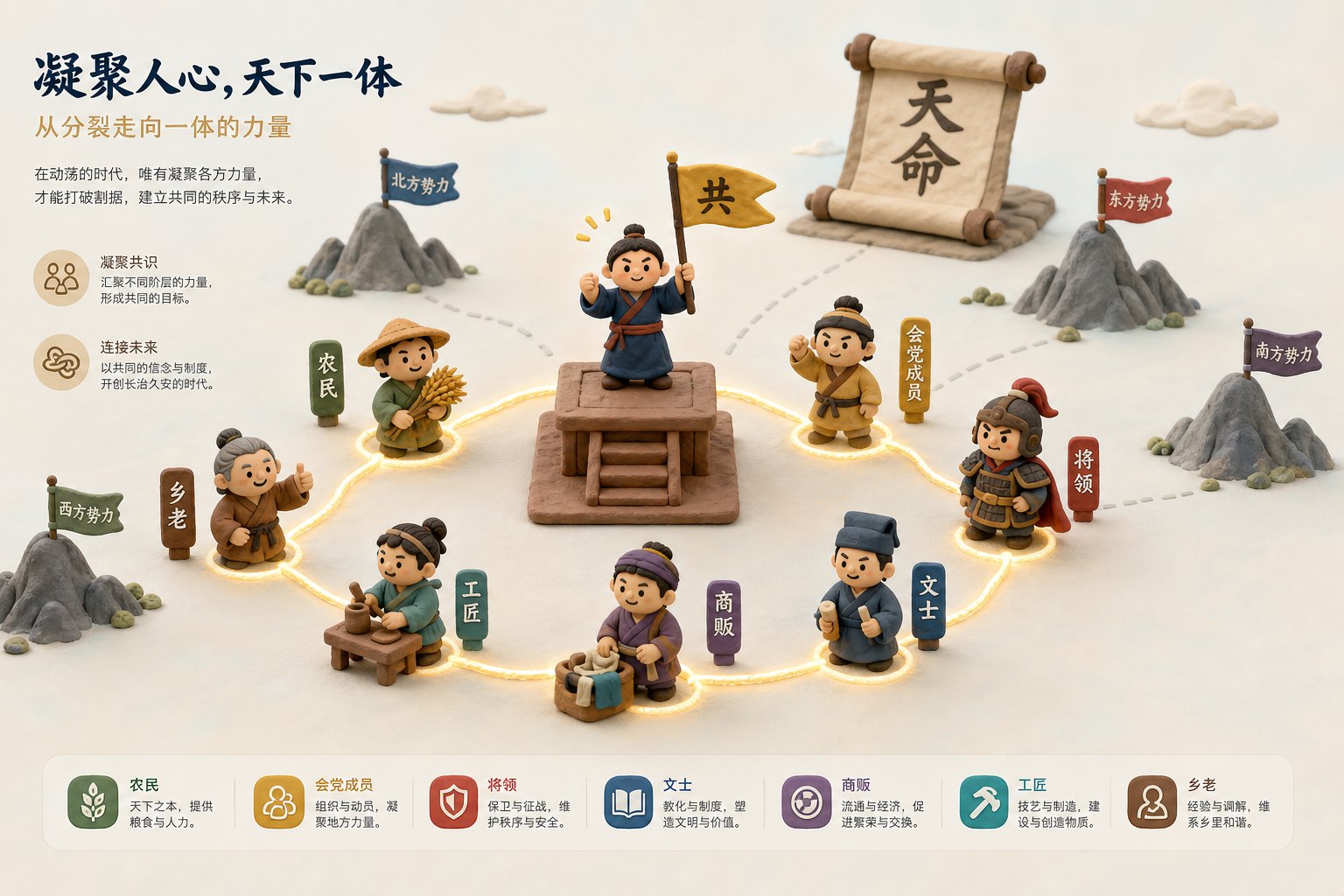 一个橡皮泥讲台上站着举旗的人,台下是农民、会党、将领等不同小人被同一条发光叙事绳索圈在一起,远处有“天命”卷轴和分散山头,浅色背景的商业评论版橡皮泥平面信息图的统一风格。