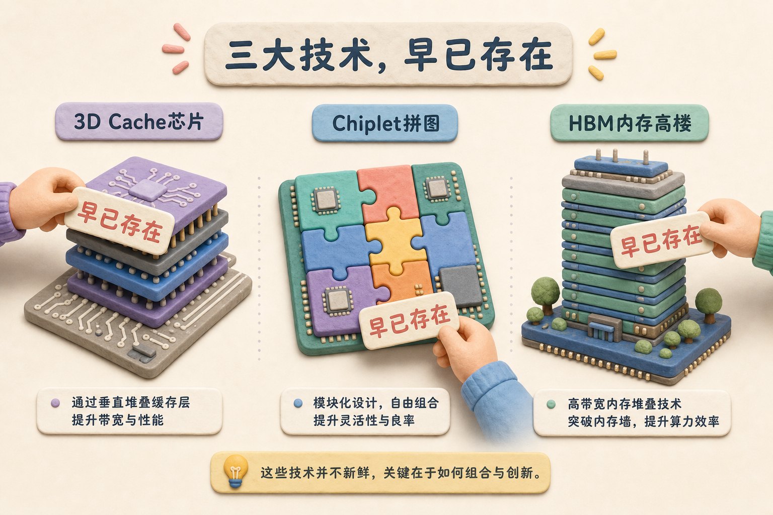 一张横向对比图中摆着3D Cache芯片、Chiplet拼图和HBM内存高楼,几只小手把“早已存在”的标签贴到不同技术模块上,浅色背景的商业评论版橡皮泥平面信息图的统一风格。