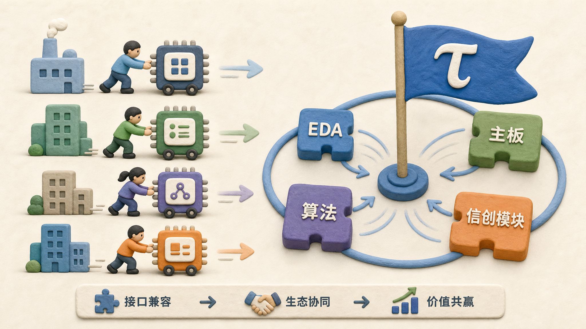 左侧几家公司各自推着兼容接口的小芯片车前进,右侧一个大号τ旗帜把EDA、主板、算法、信创模块吸到同一圆环里,浅色背景的商业评论版橡皮泥平面信息图的统一风格。