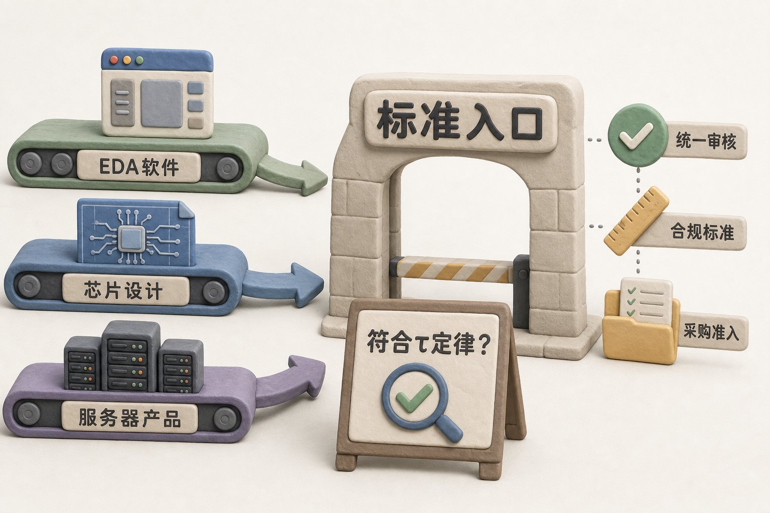 采购闸门前摆着“符合τ定律?”的检查牌,EDA软件、芯片设计、服务器产品三条传送带都被导向同一个标准入口,浅色背景的商业评论版橡皮泥平面信息图的统一风格。