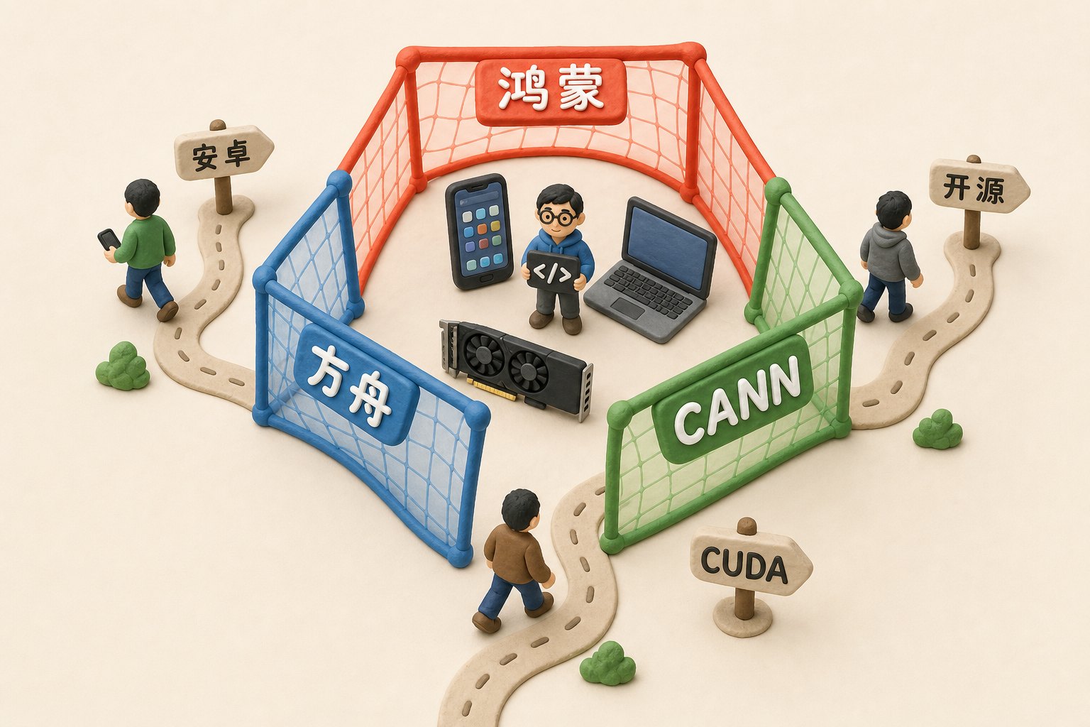 三个写着鸿蒙、方舟、CANN的彩色盒子试图套住手机、电脑、算力卡和开发者小人,但部分设备沿着安卓、开源、CUDA等小路绕开,浅色背景的商业评论版橡皮泥平面信息图的统一风格。