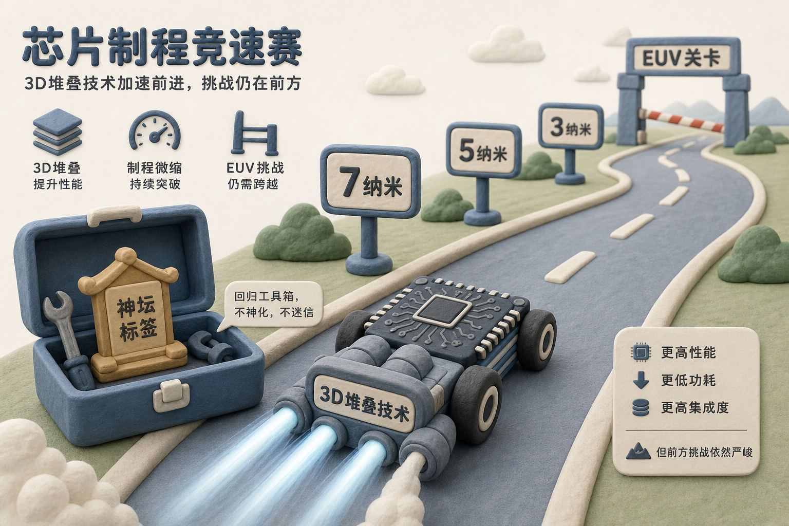 一条赛道上,3D堆叠技术像助推器装在芯片赛车上,但前方仍有7纳米、5纳米、3纳米等制程路标和EUV关卡,旁边的神坛标签被放回工具箱,浅色背景的商业评论版橡皮泥平面信息图的统一风格。