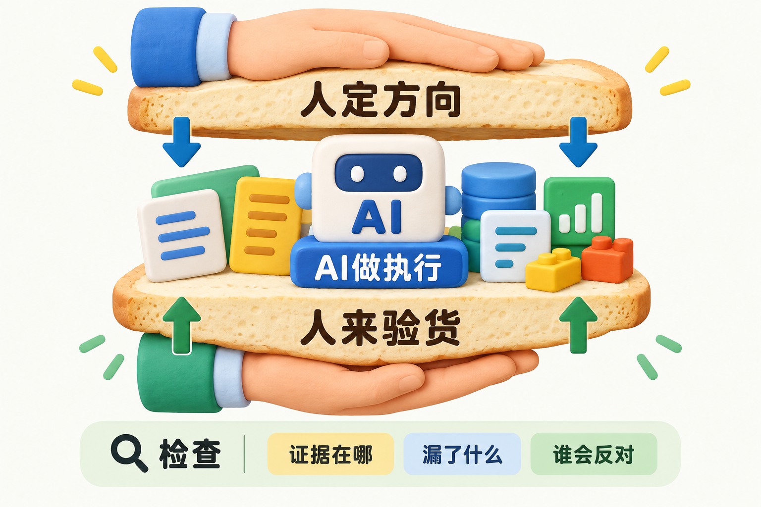 正视平面的三层三明治示意图,上层和下层是人的双手,中间是AI处理任务的积木与文件,上下两层以箭头把住方向和验收;可见事实元素:文字与数据:上层=人定方向