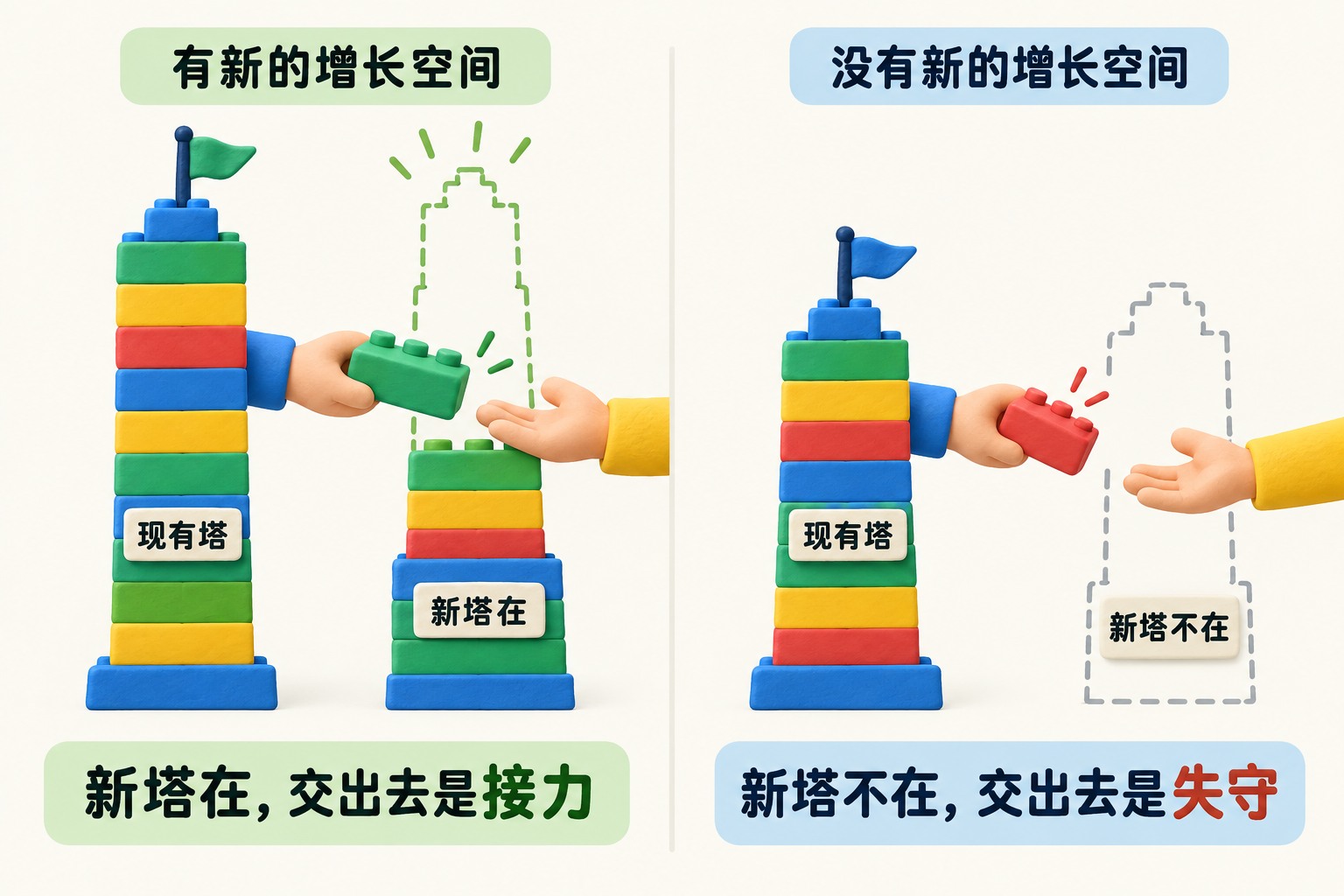 左侧是一座仍在延伸的乐高新塔并有交接积木的手,右侧是固定大小的塔和空白的新塔轮廓,呈现同一句管理口号在有增长与无增长时的不同感受;不把观点画成统计结论