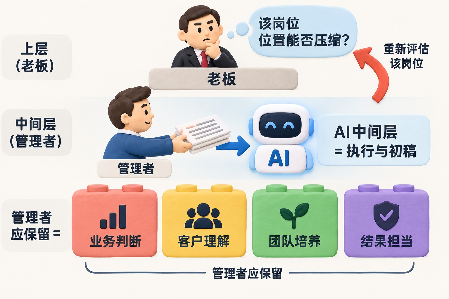 正视平面的组织塔中间层,一个管理者把文件交给AI执行面板,上方有老板重新评估该岗位的箭头,下方有人际关系、团队培养、业务判断和结果担当四个相互独立的积木,强调中层的角色选择而非确定的裁员结果;可见事实元素:文字与数据:管理者应保留=业务判断、客户理解、团队培养、结果担当
