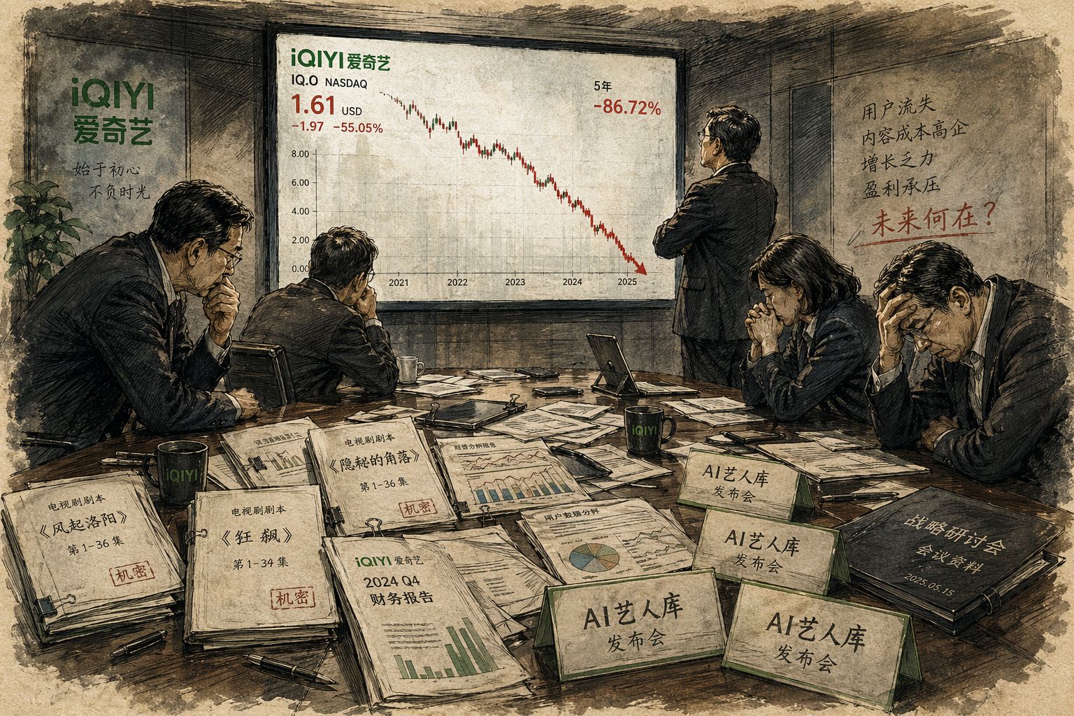 一间昏暗的流媒体公司会议室里，大屏幕上股价曲线断崖式下坠，桌上散落剧本、财报和写着“AI艺人库”的发布会手卡，几位高管神情焦灼地望向屏幕，羊皮纸，钢笔彩色手绘的统一风格。