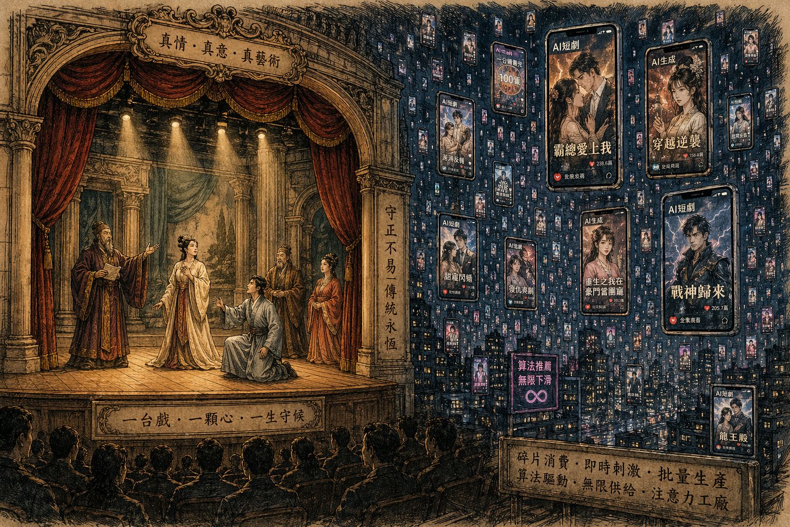 一座古典剧院舞台上，真人演员在聚光灯下庄重表演；舞台外的城市夜空中漂浮着无数手机小屏幕播放AI短剧，形成传统与新工业内容的强烈对照，羊皮纸，钢笔彩色手绘的统一风格。