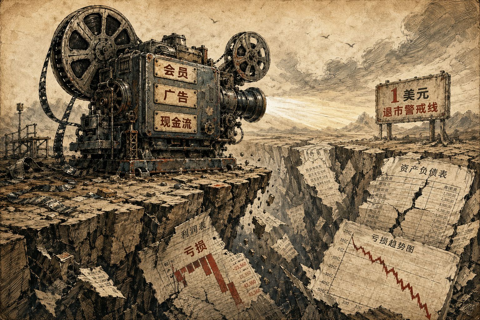一家视频平台像站在悬崖边的巨型旧式放映机，机身贴着“会员”“广告”“现金流”标签，脚下是裂开的财务报表深渊，远处是1美元退市警戒线的路牌，羊皮纸，钢笔彩色手绘的统一风格。
