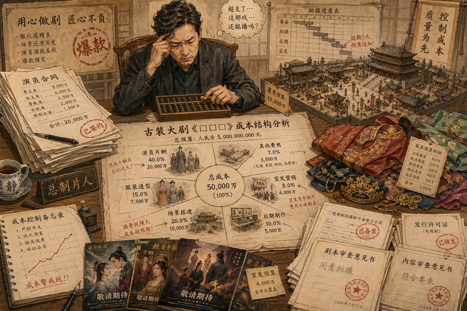 一张被拆解的古装长剧成本剖面图铺在制片桌上，演员合同、华丽戏服、巨型布景模型、宣发海报和盖着审查章的文件堆成几座小山，制片人拿算盘皱眉，羊皮纸，钢笔彩色手绘的统一风格。