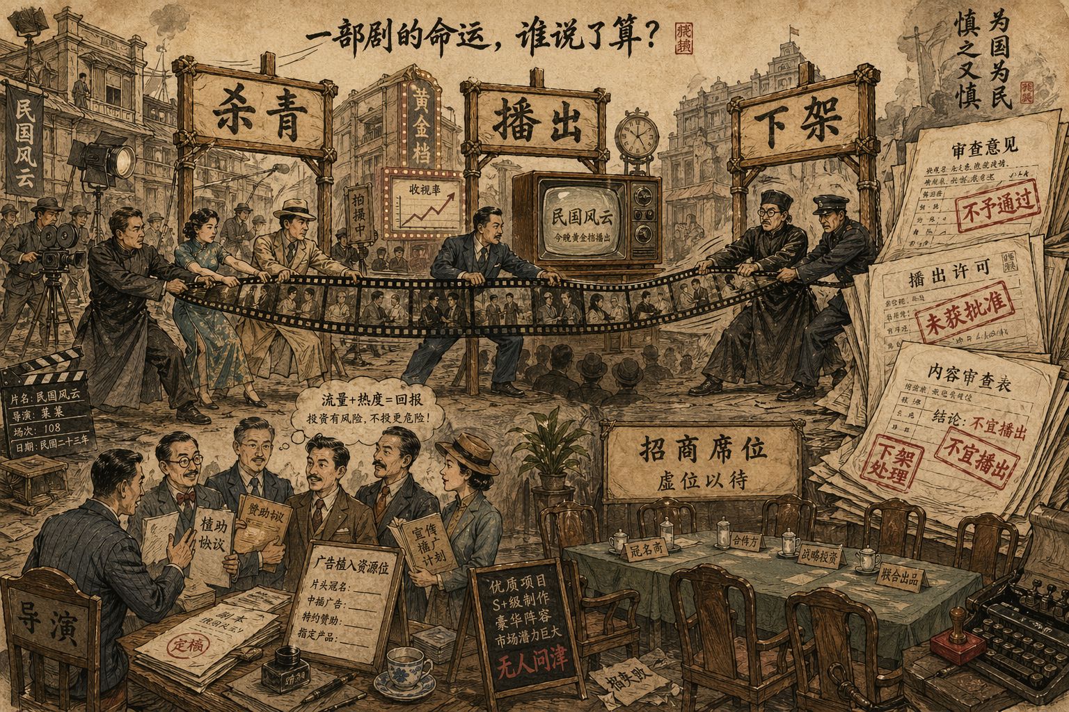 一部民国剧的胶片卷轴从“杀青”到“播出”再到“下架”三块木牌之间被拉扯，片场演员、广告商、审查文件和空荡荡的招商席位同时出现在同一画面里，羊皮纸，钢笔彩色手绘的统一风格。