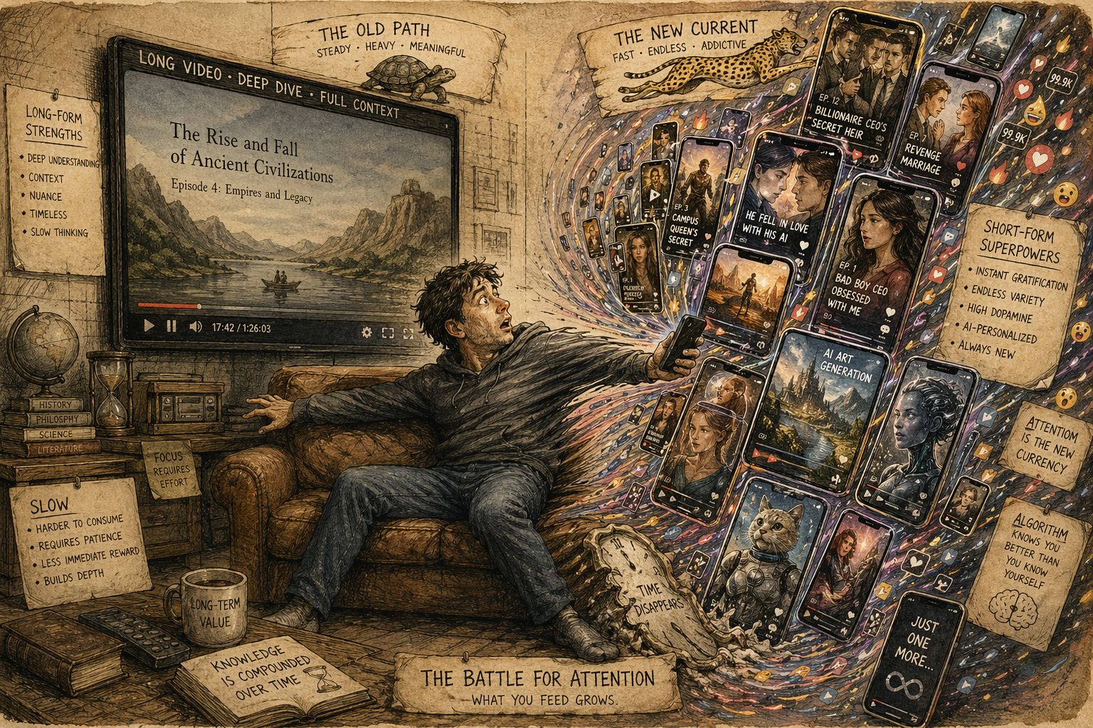 一名观众坐在沙发上，左边是缓慢转动的传统长视频播放器，右边是像瀑布一样倾泻而下的手机短剧小窗和AI生成画面，注意力被后者强烈吸走，羊皮纸，钢笔彩色手绘的统一风格。