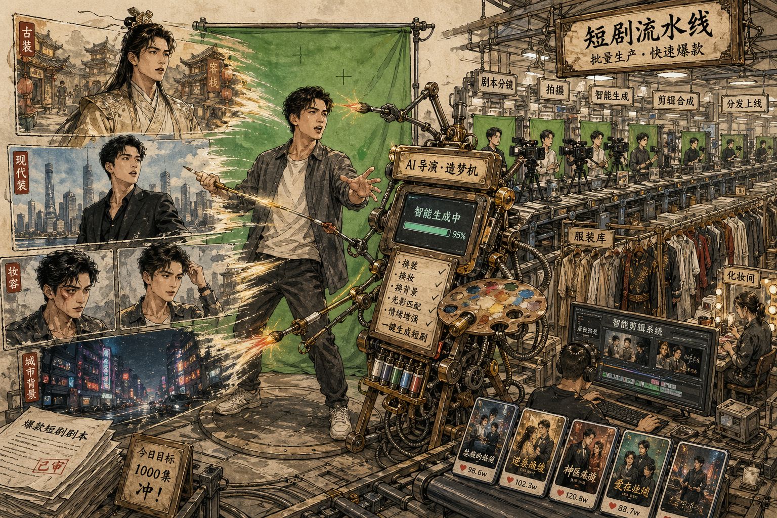 一个真人演员站在绿幕前表演，旁边的画师式AI装置正为他快速更换古装、现代装、妆容和背景城市场景，后方是一条高速运转的短剧流水线，羊皮纸，钢笔彩色手绘的统一风格。