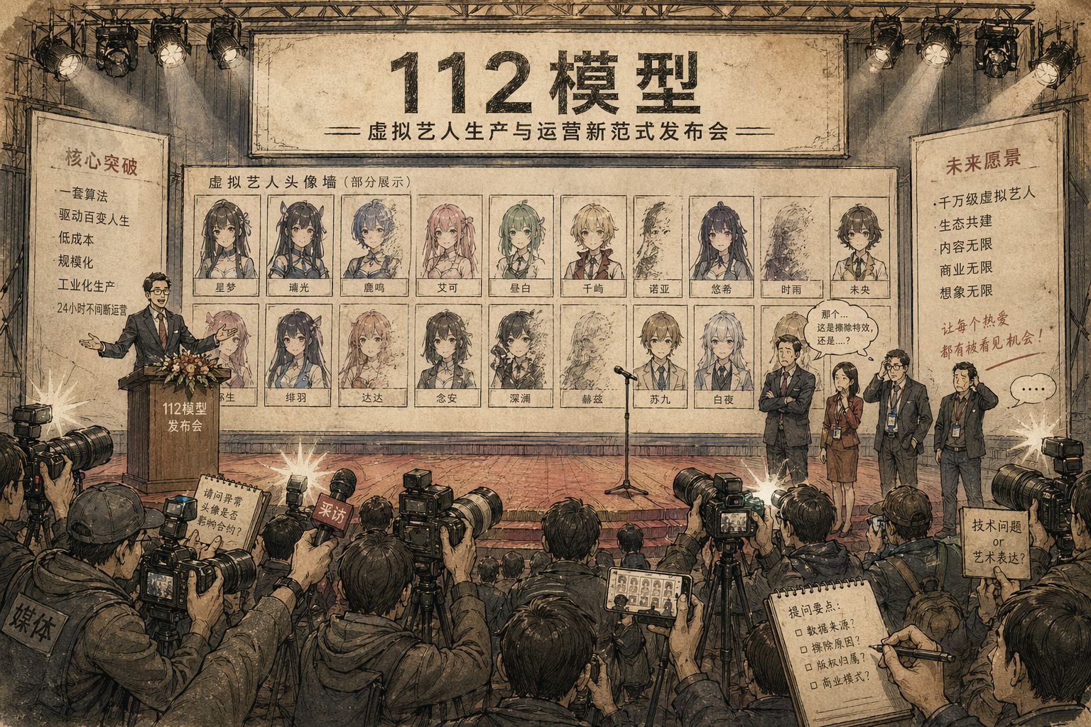 发布会舞台上，一面写着“112模型”的展板前陈列着虚拟艺人头像墙，台下媒体举着相机，几位艺人肖像边缘像被擦除般模糊，现场气氛既高调又尴尬，羊皮纸，钢笔彩色手绘的统一风格。