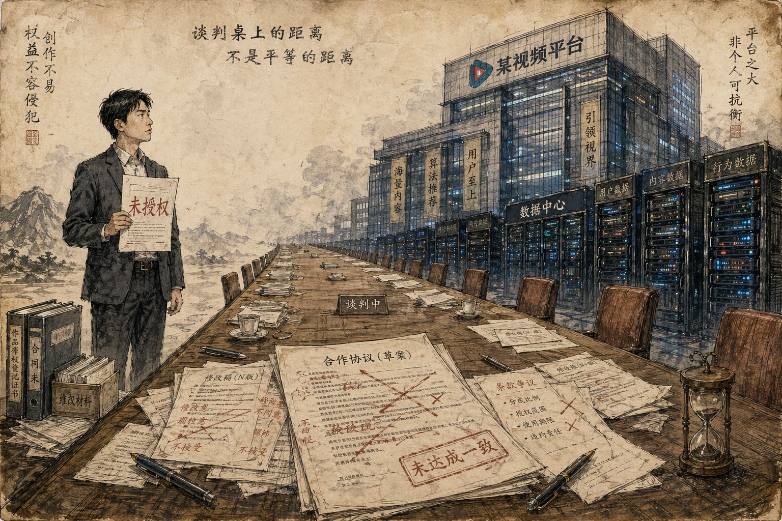 一边是孤立站立的艺人工作室代表，手里攥着“未授权”声明；另一边是庞大的平台大楼和数据服务器，双方之间隔着一张无法谈妥的合同长桌，羊皮纸，钢笔彩色手绘的统一风格。