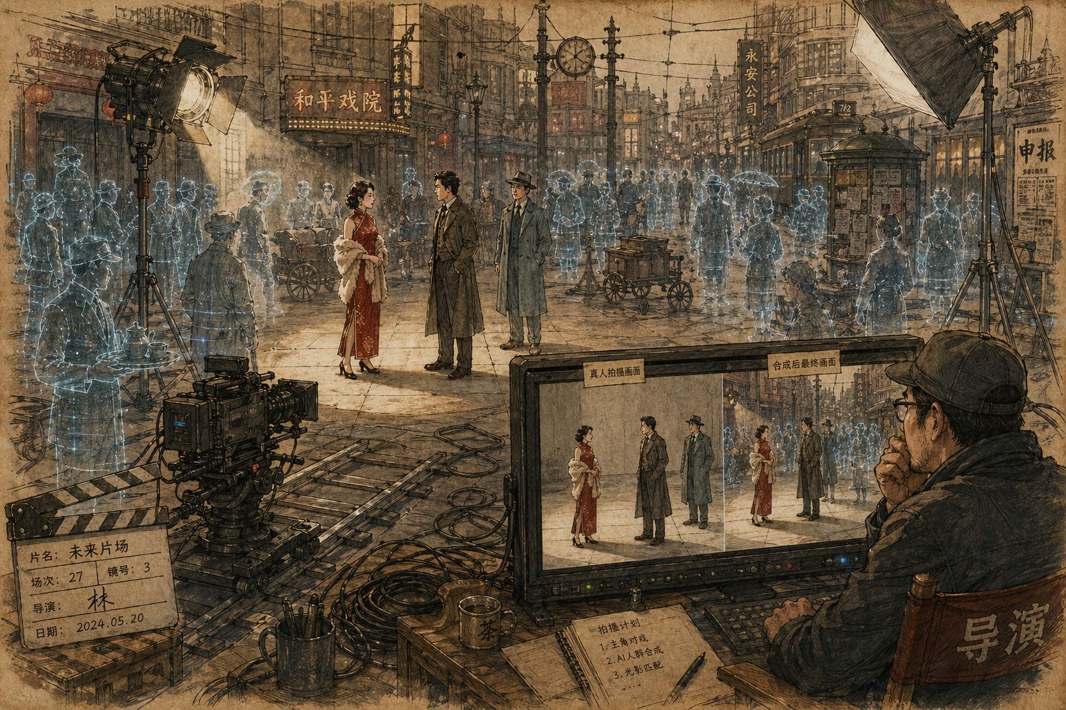 片场中只有几位主角是真人站在聚光灯下，周围的大量配角、群众演员和路人角色都以半透明的AI生成形象出现，导演在监视器前对比真人与合成画面，羊皮纸，钢笔彩色手绘的统一风格。
