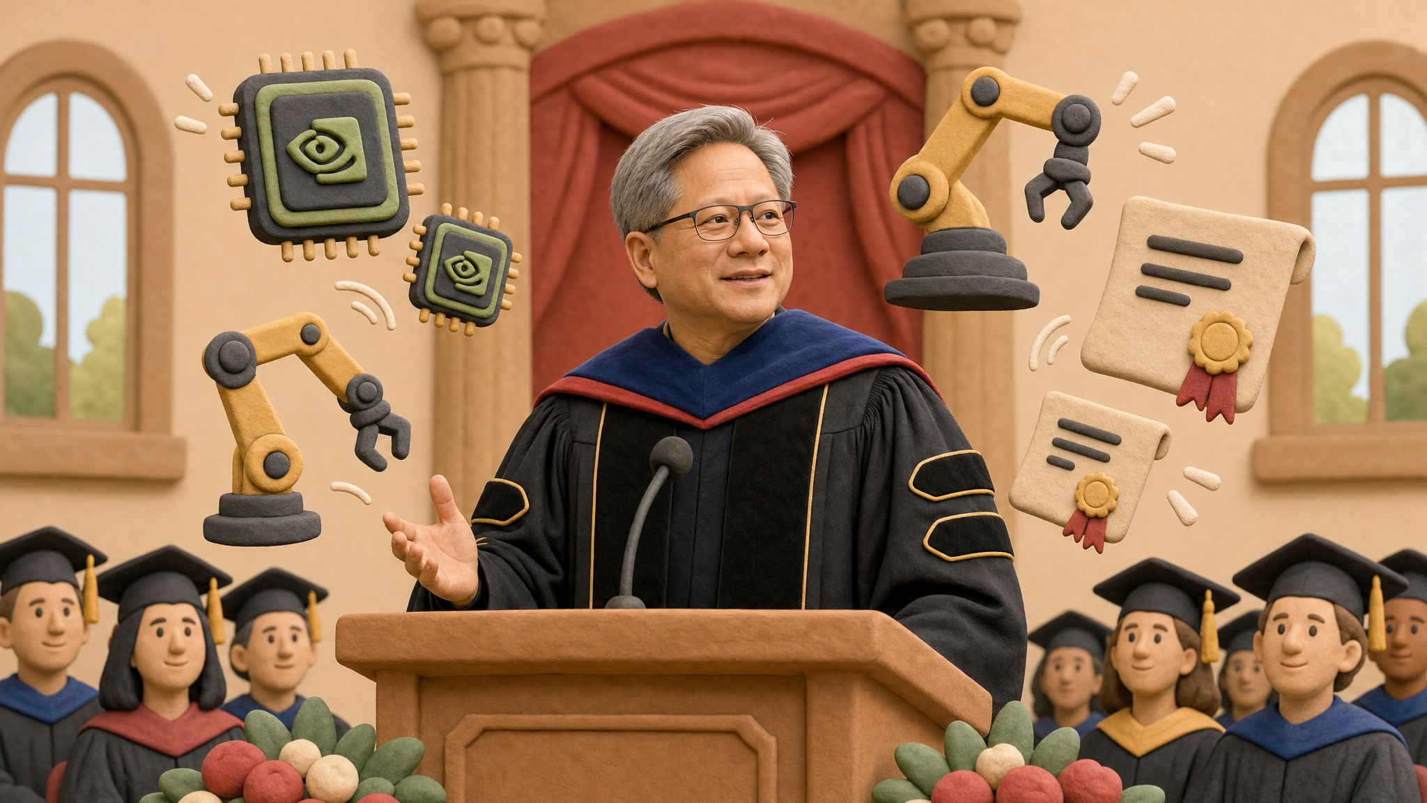 卡耐基梅隆大学毕业礼堂中，黄仁勋披着荣誉博士披肩站在讲台中央，周围漂浮GPU芯片、机器人手臂和学位证书图标，浅色背景的商业评论版橡皮泥平面信息图的统一风格。