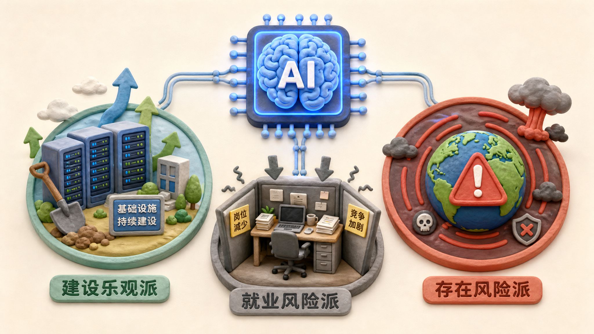 三个圆形阵营围绕中央AI大脑芯片展开，左侧是建设乐观派的数据中心和铲子，中间是就业风险派被压缩的白领办公桌，右侧是存在风险派的红色警示地球，浅色背景的商业评论版橡皮泥平面信息图的统一风格。
