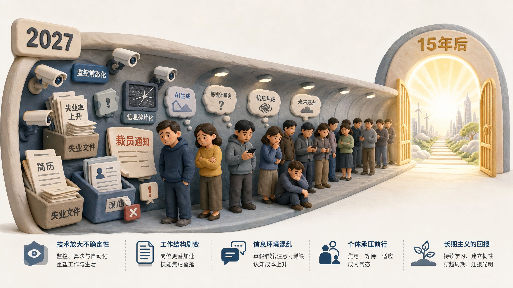 一条从2027延伸到15年后的时间隧道，前半段布满监控摄像头、失业文件和真假影像碎片，尽头有明亮天堂门但中间站着焦虑的人群，浅色背景的商业评论版橡皮泥平面信息图的统一风格。