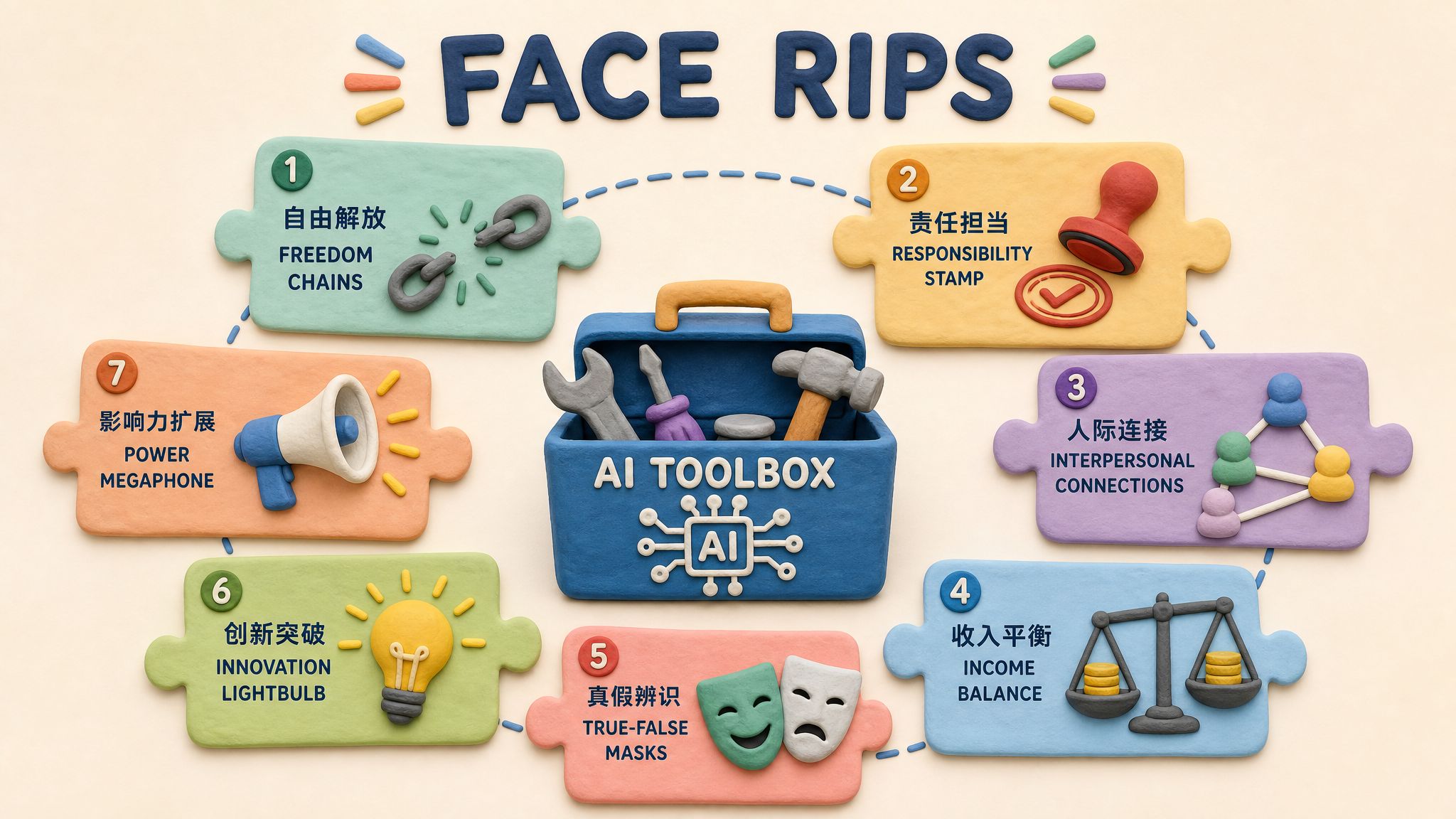 FACE RIPS七块拼图环绕一个AI工具箱，拼图上分别有自由锁链、责任印章、人际连线、收入天平、真假面具、创新灯泡和权力扩音器，浅色背景的商业评论版橡皮泥平面信息图的统一风格。