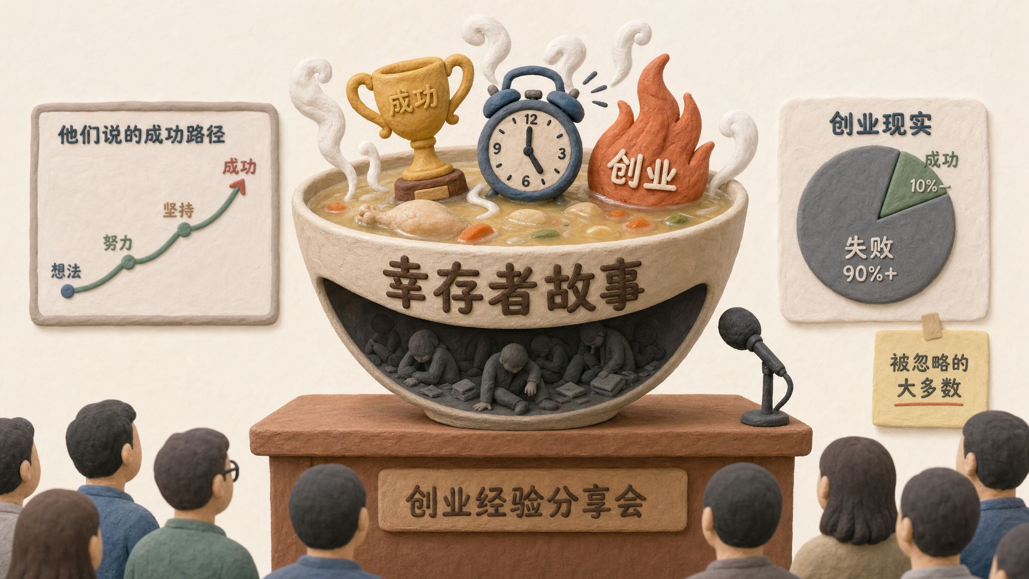 一碗写着幸存者故事的鸡汤放在讲台上，汤面冒出奖杯、凌晨闹钟和创业火焰，碗底藏着倒下的无名创业者剪影，浅色背景的商业评论版橡皮泥平面信息图的统一风格。